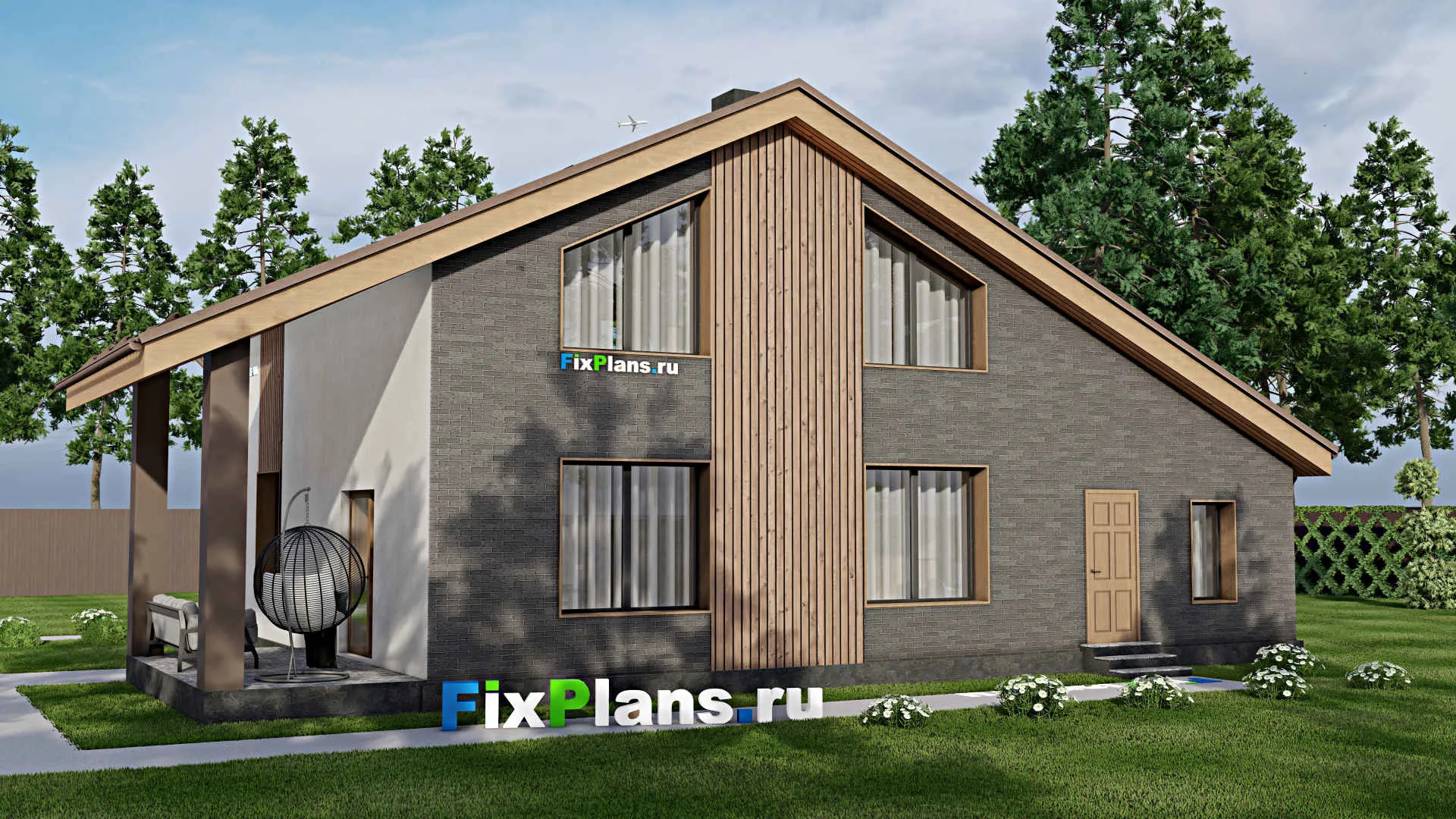 F-7676 - Проект дома с мансардой 12 на 16, площадью 190 м² с террасой, балконом, гаражом на 1 машину и 4 спальнями