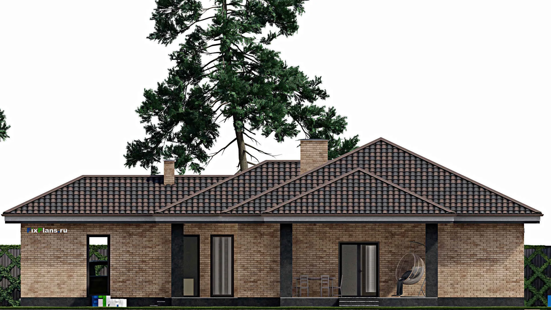 F-1448 - Проект одноэтажного дома 14 на 20, площадью 170 м² с террасой, гаражом на 1 машину и 3 спальнями