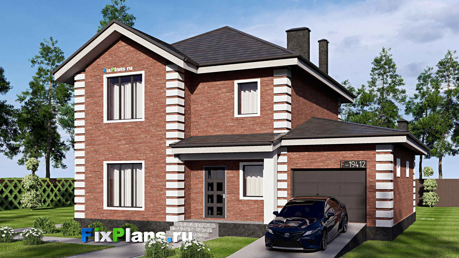 F-19412 - Проект двухэтажного дома 15 на 15, площадью 210 м² с террасой, гаражом на 1 машину и 4 спальнями