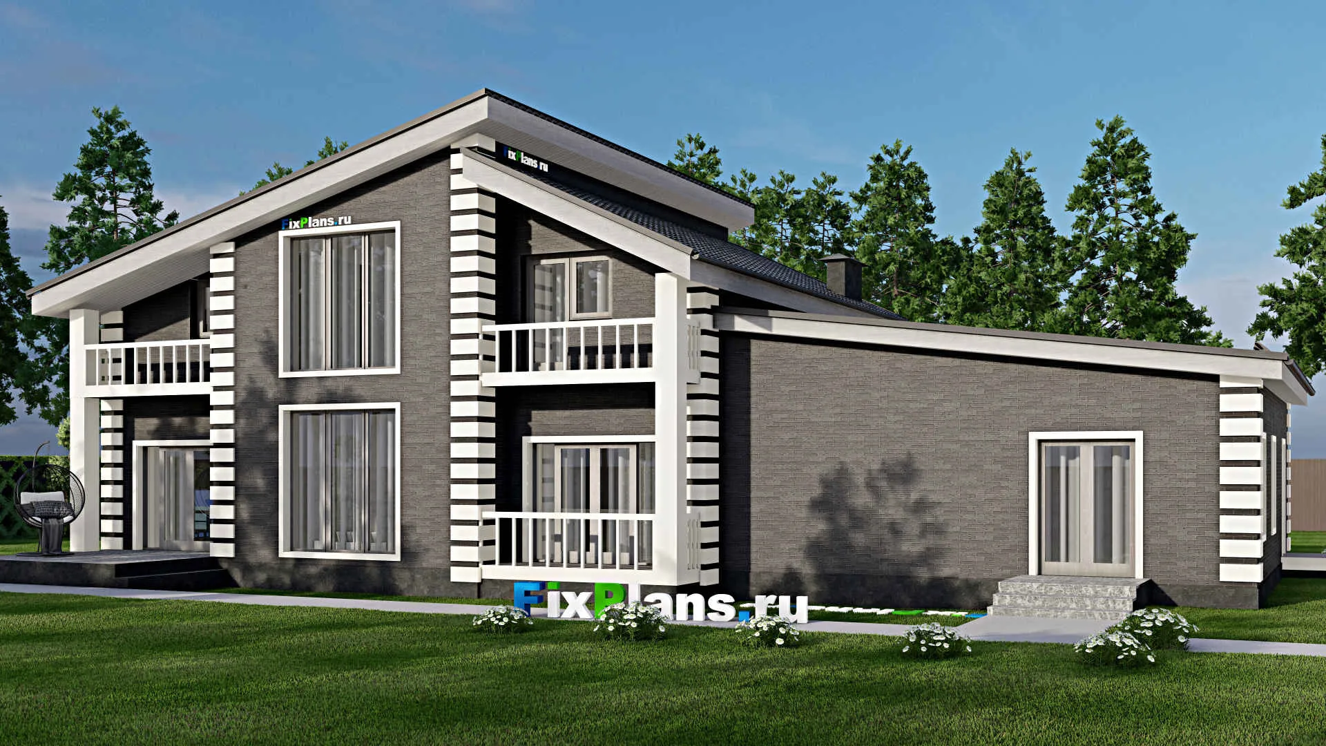 F-6218 - Проект дома с мансардой 16 на 22, площадью 310 м² с террасой, балконом, гаражом на 2 машины и 6 спальнями