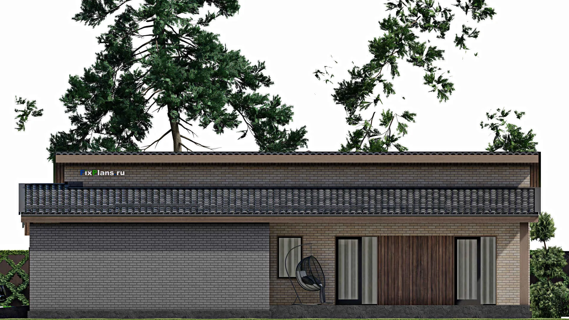 F-5696 - Проект одноэтажного дома 16 на 18, площадью 210 м² с террасой, гаражом на 1 машину и 3 спальнями