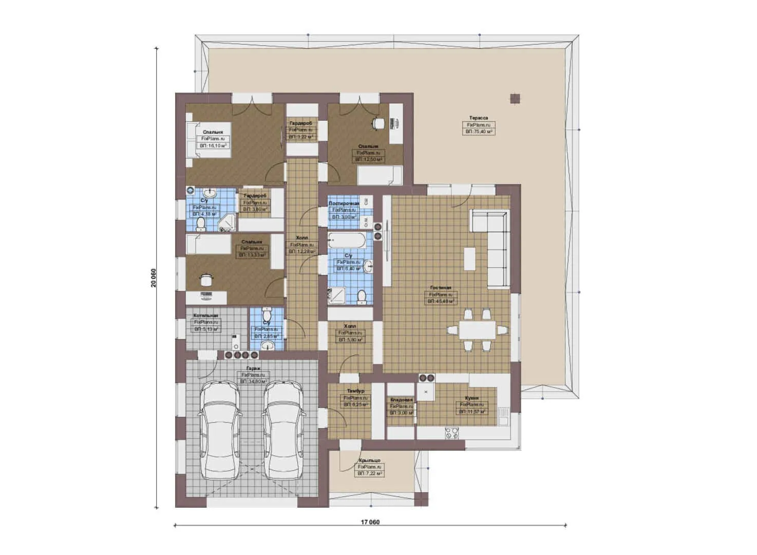 F-16451 - План одноэтажного дома 18 на 21, площадью 280 м² с террасой, гаражом на 1 машину и 3 спальнями