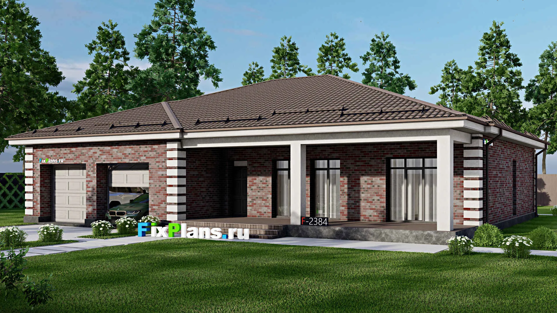 F-2384 - Проект одноэтажного дома 16 на 20, площадью 250 м² с террасой, гаражом на 2 машины и 3 спальнями