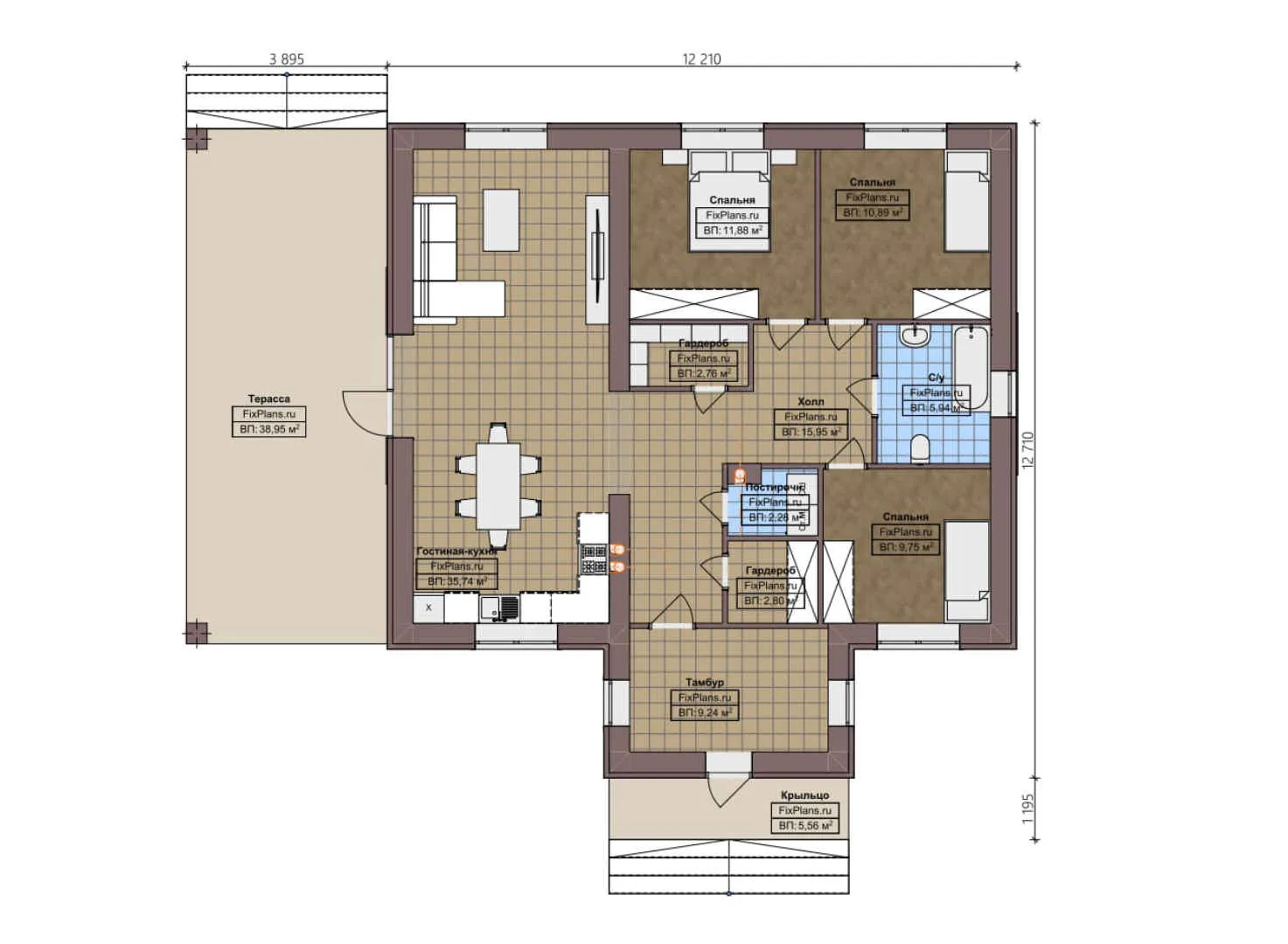 F-4643 - План одноэтажного дома 13 на 13, площадью 170 м² с террасой и 3 спальнями