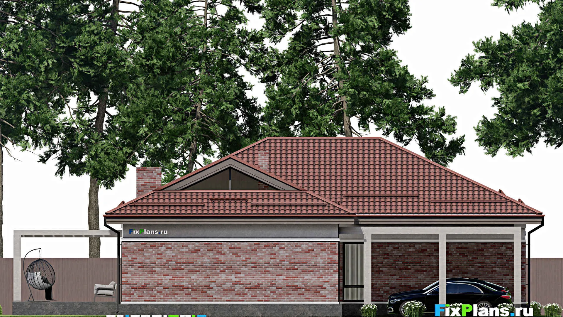 F-2204 - Проект одноэтажного дома 16 на 21, площадью 280 м² с террасой, гаражом на 2 машины и 3 спальнями