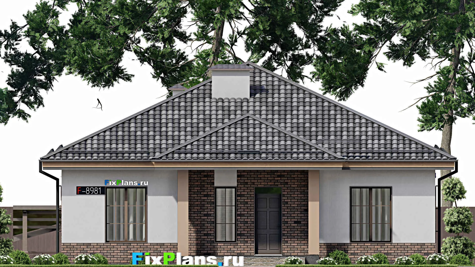 F-8981 - Проект одноэтажного дома 14 на 16, площадью 210 м² с террасой, цокольным этажом и 4 спальнями