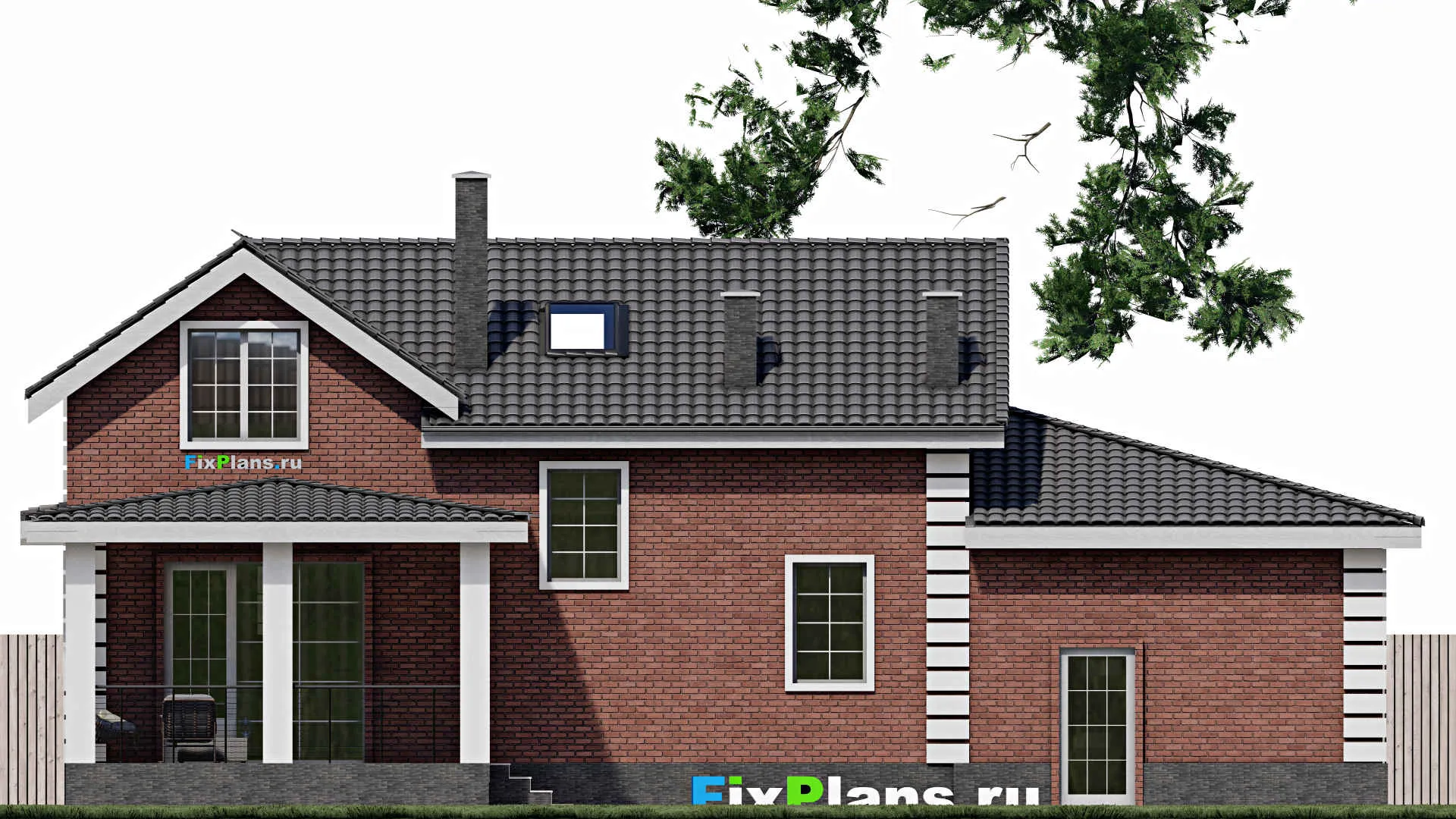 F-1034 - Проект дома с мансардой 12 на 17, площадью 240 м² с террасой, гаражом на 2 машины и 3 спальнями