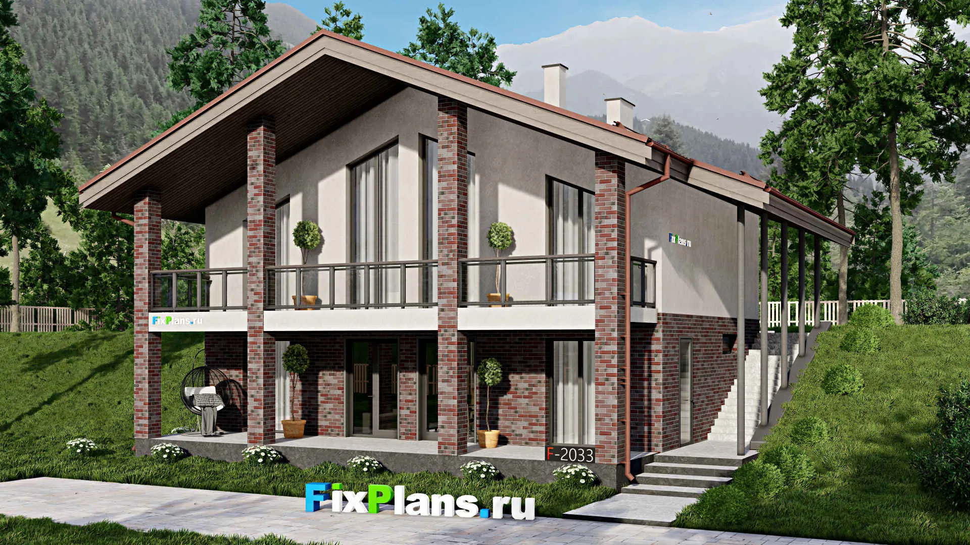 F-2033 - Проект одноэтажного дома 11 на 15, площадью 190 м² с террасой, цокольным этажом и 3 спальнями