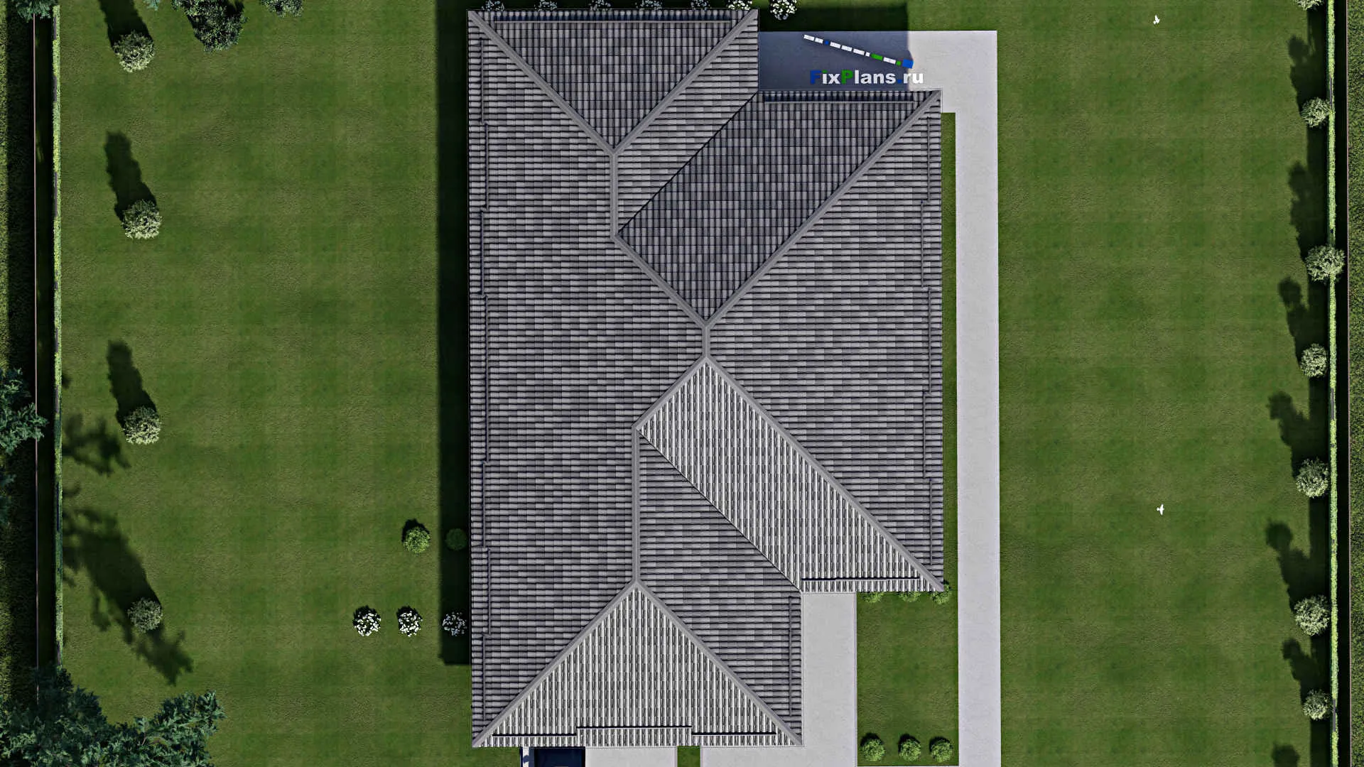 F-10295 - План одноэтажного дома 16 на 25, площадью 290 м² с террасой, баней, гаражом на 2 машины и 3 спальнями