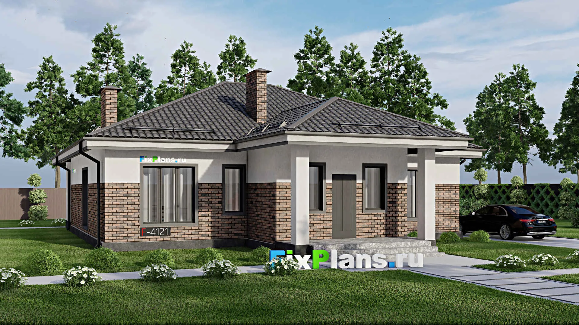 F-4121 - Проект одноэтажного дома 14 на 15, площадью 170 м² с террасой и 3 спальнями