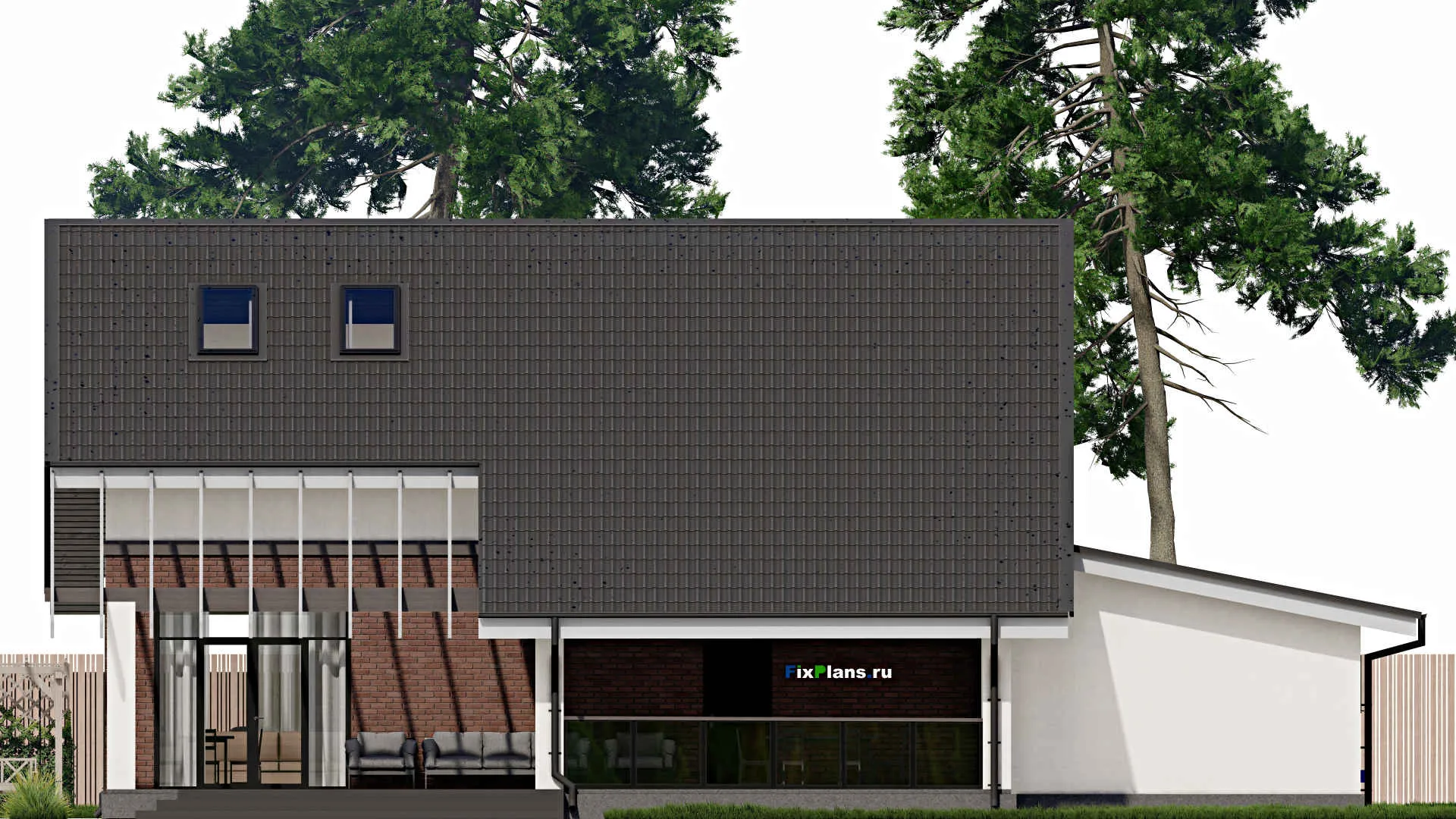 F-0062 - Проект дома с мансардой 14 на 18, площадью 280 м² с террасой, гаражом на 2 машины и 3 спальнями