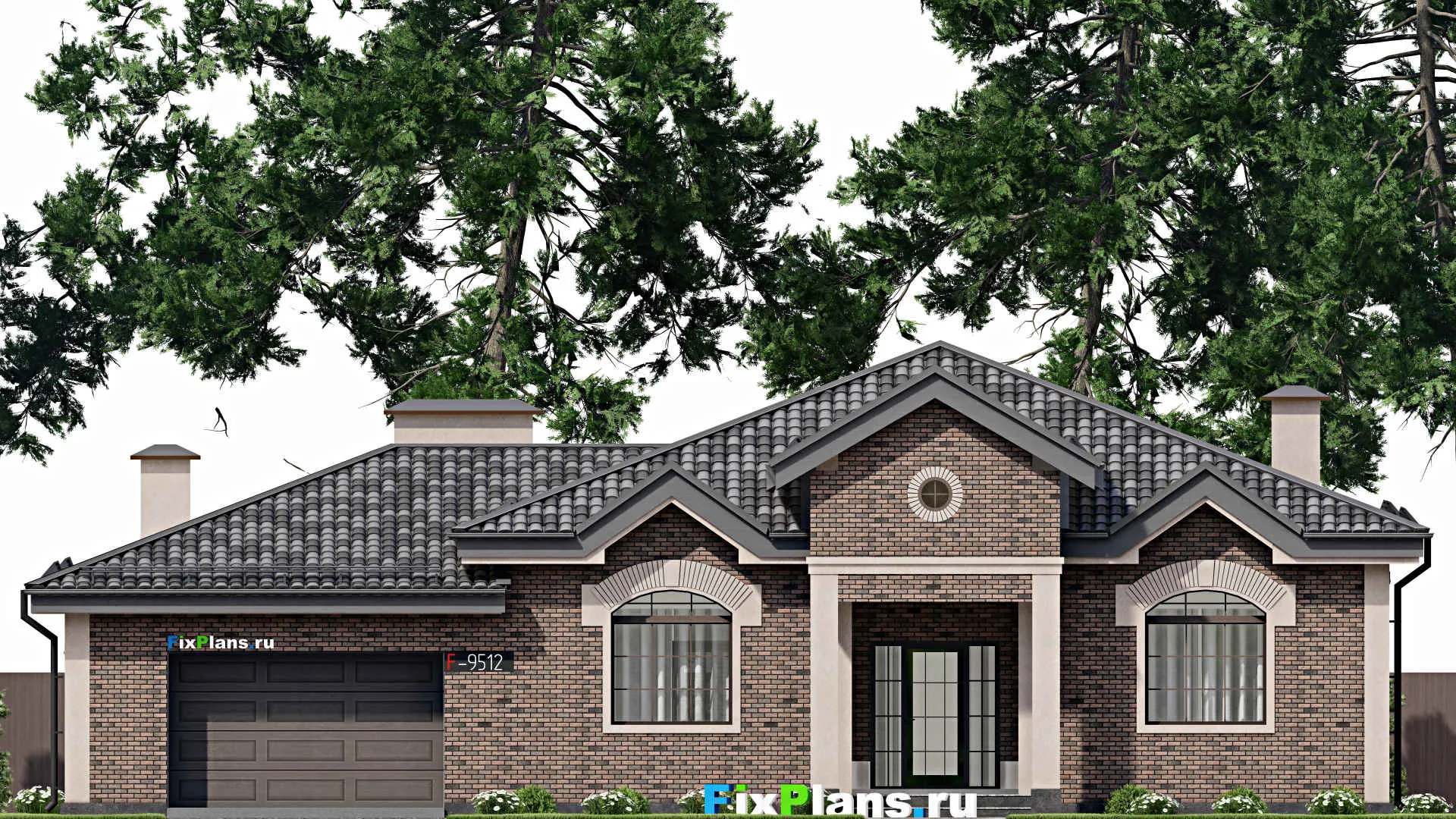 F-9512 - Проект одноэтажного дома 19 на 20, площадью 240 м² с террасой, гаражом на 2 машины и 4 спальнями