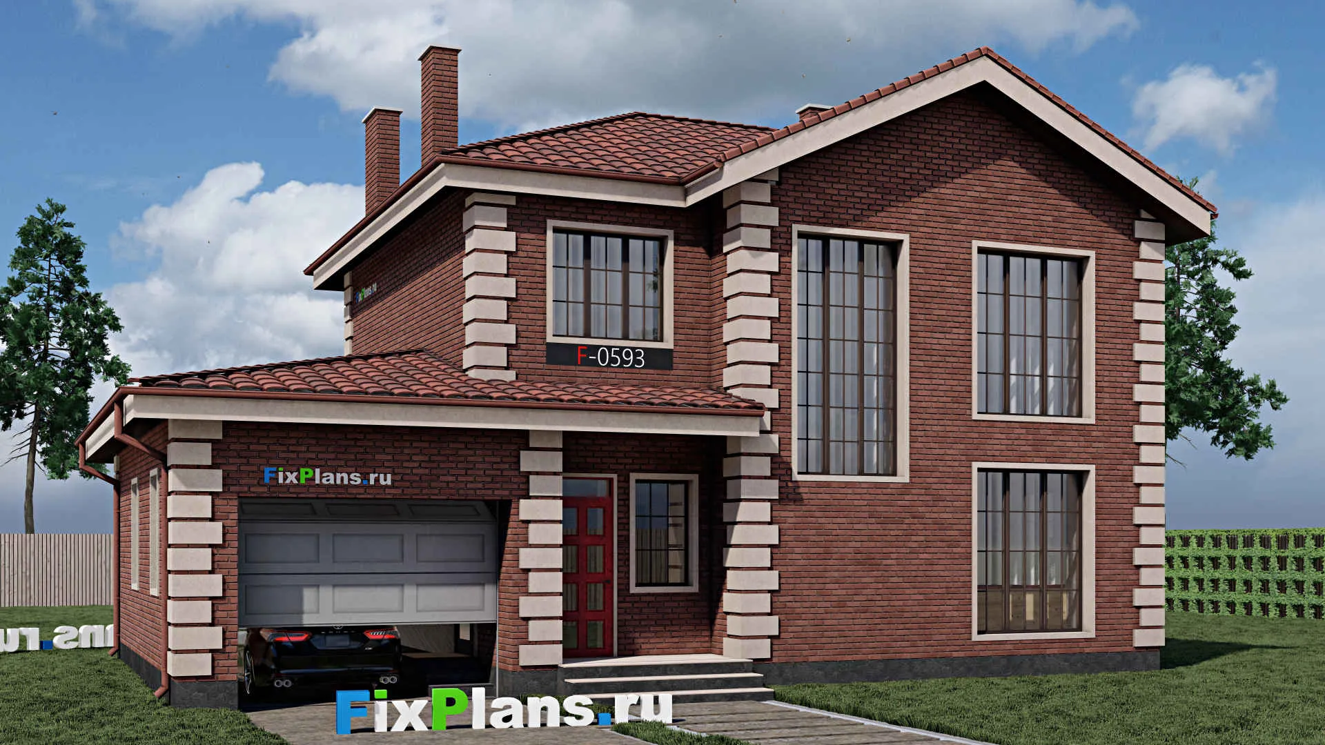 F-0593 - Проект двухэтажного дома 10 на 14, площадью 170 м² с террасой, гаражом на 1 машину и 5 спальнями