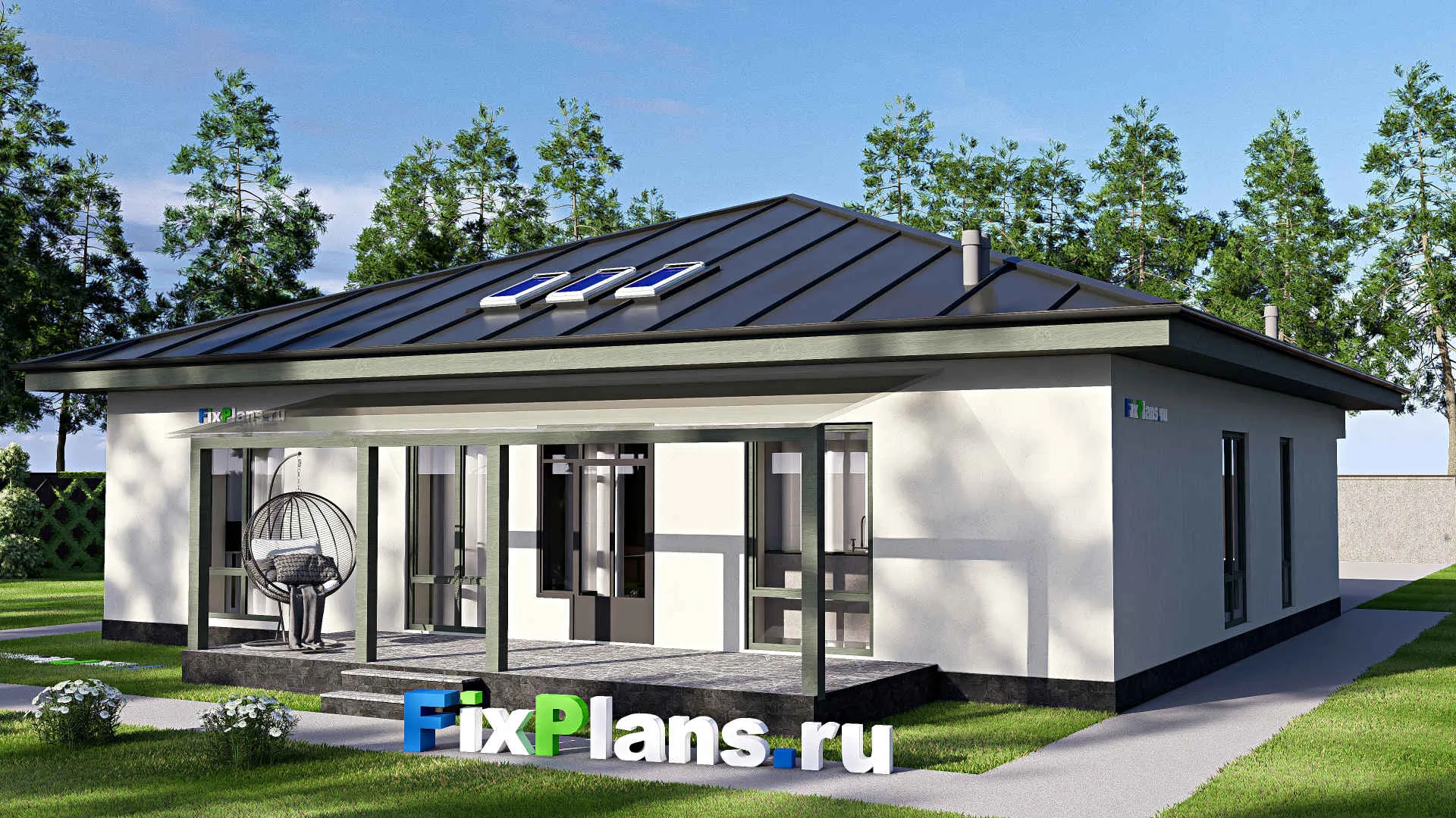 F-20708 - Проект одноэтажного дома 14 на 19, площадью 180 м² с террасой и 1 спальнями