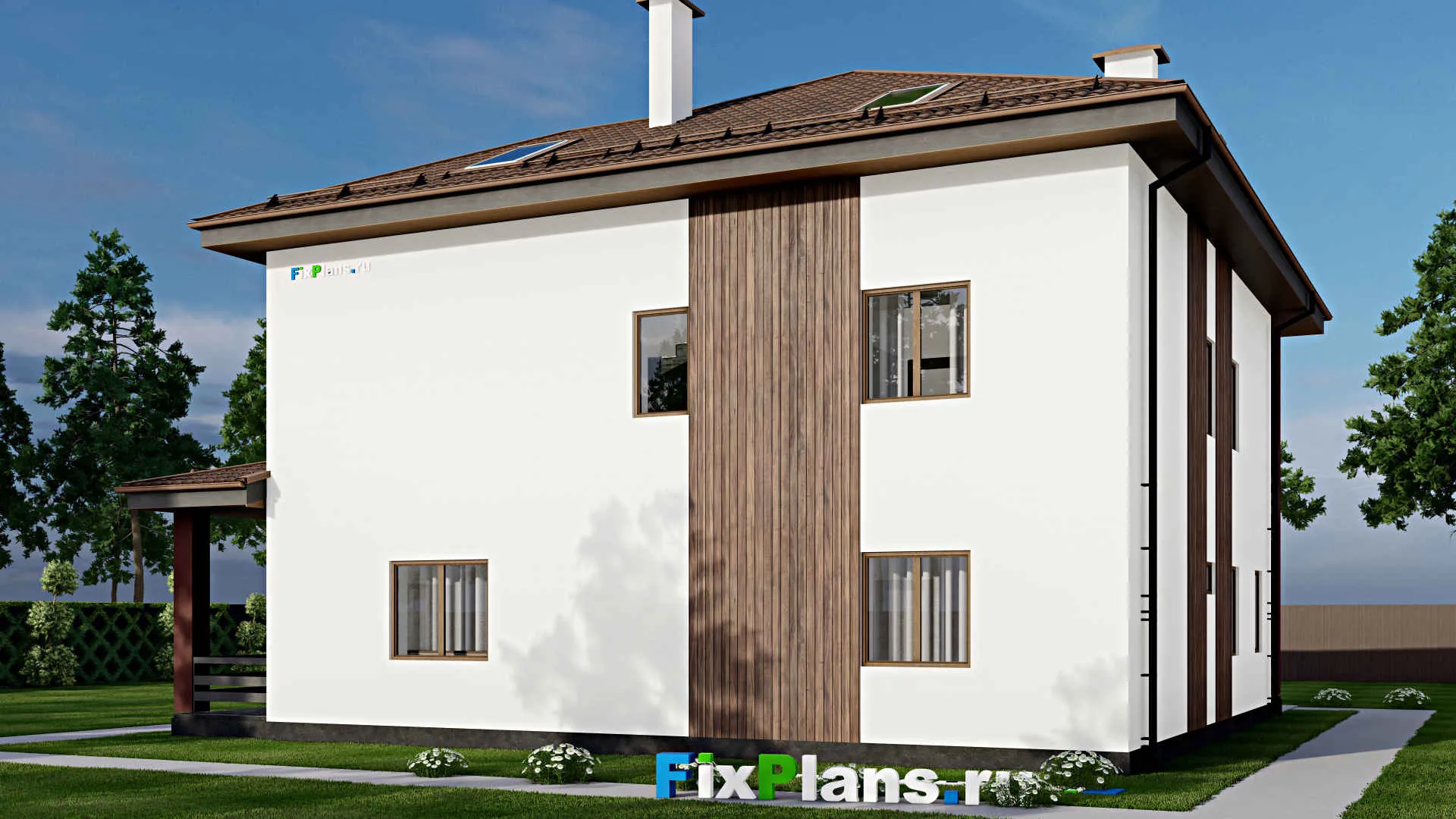 F-9944 - Проект двухэтажного дома 16 на 16, площадью 470 м² с террасой, балконом и 4 спальнями