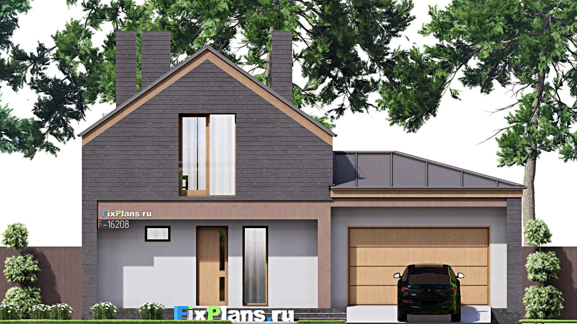 F-16208 - Планы дома с мансардой 13 на 14, площадью 180 м² с балконом, гаражом на 1 машину и 3 спальнями