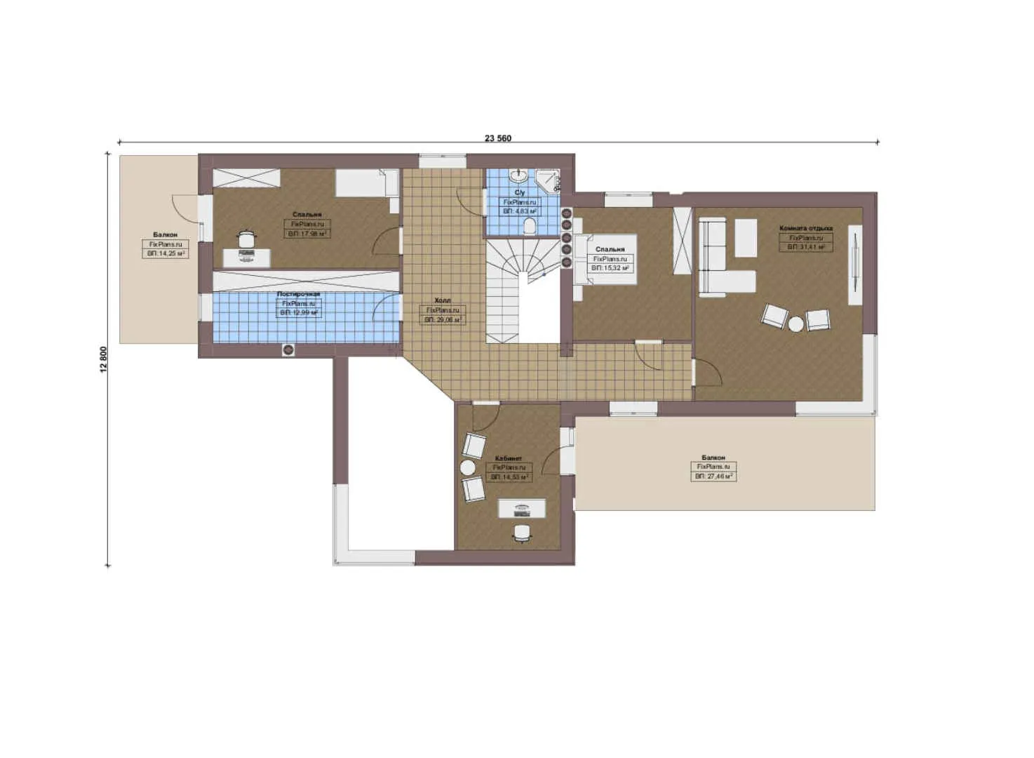 F-16622 - Планы двухэтажного дома 19 на 24, площадью 480 м² с террасой, балконом, гаражом на 2 машины и 3 спальнями