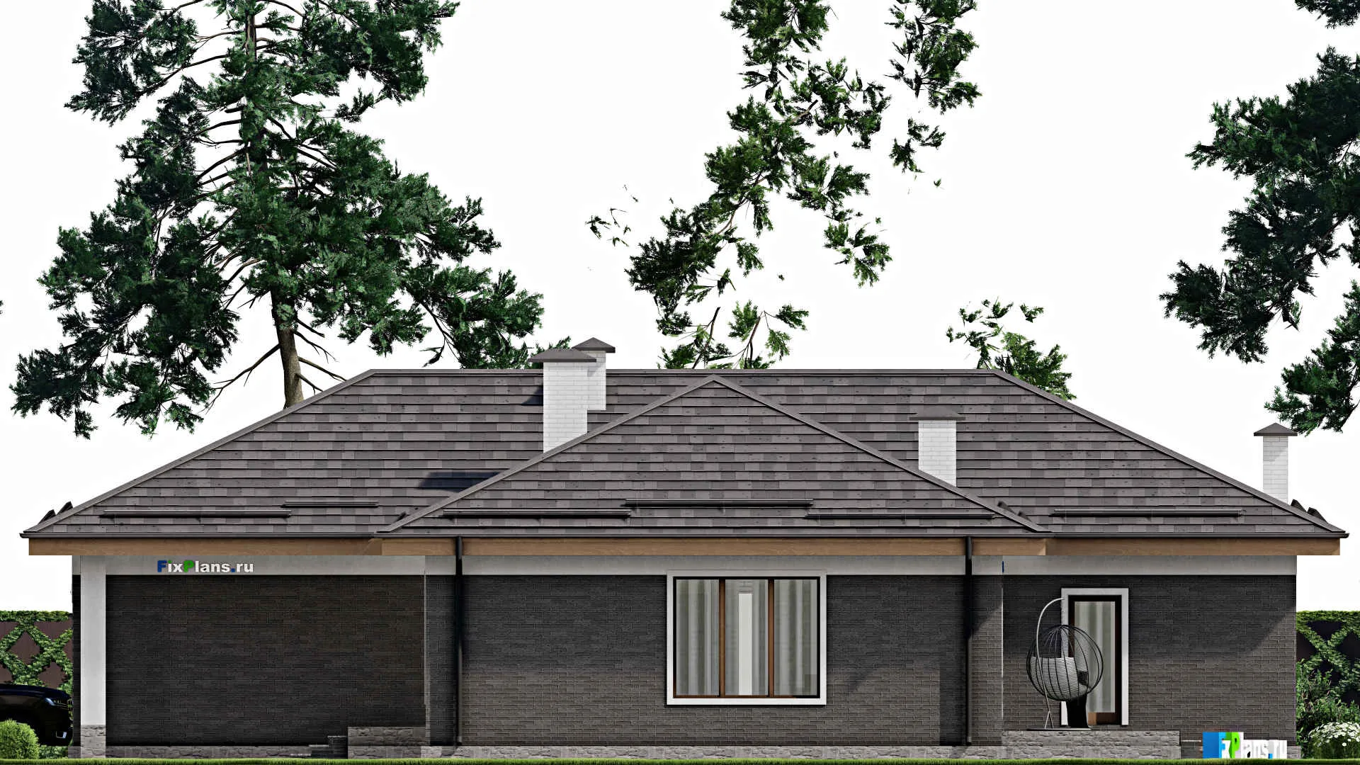 F-10214 - План одноэтажного дома 15 на 20, площадью 200 м² с террасой, гаражом на 2 машины и 3 спальнями