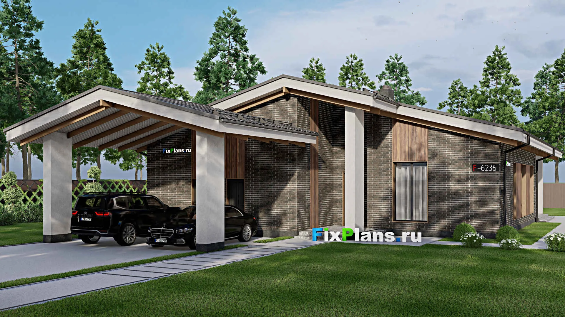 F-6236 - Проект одноэтажного дома 15 на 20, площадью 230 м² с террасой, баней и 2 спальнями