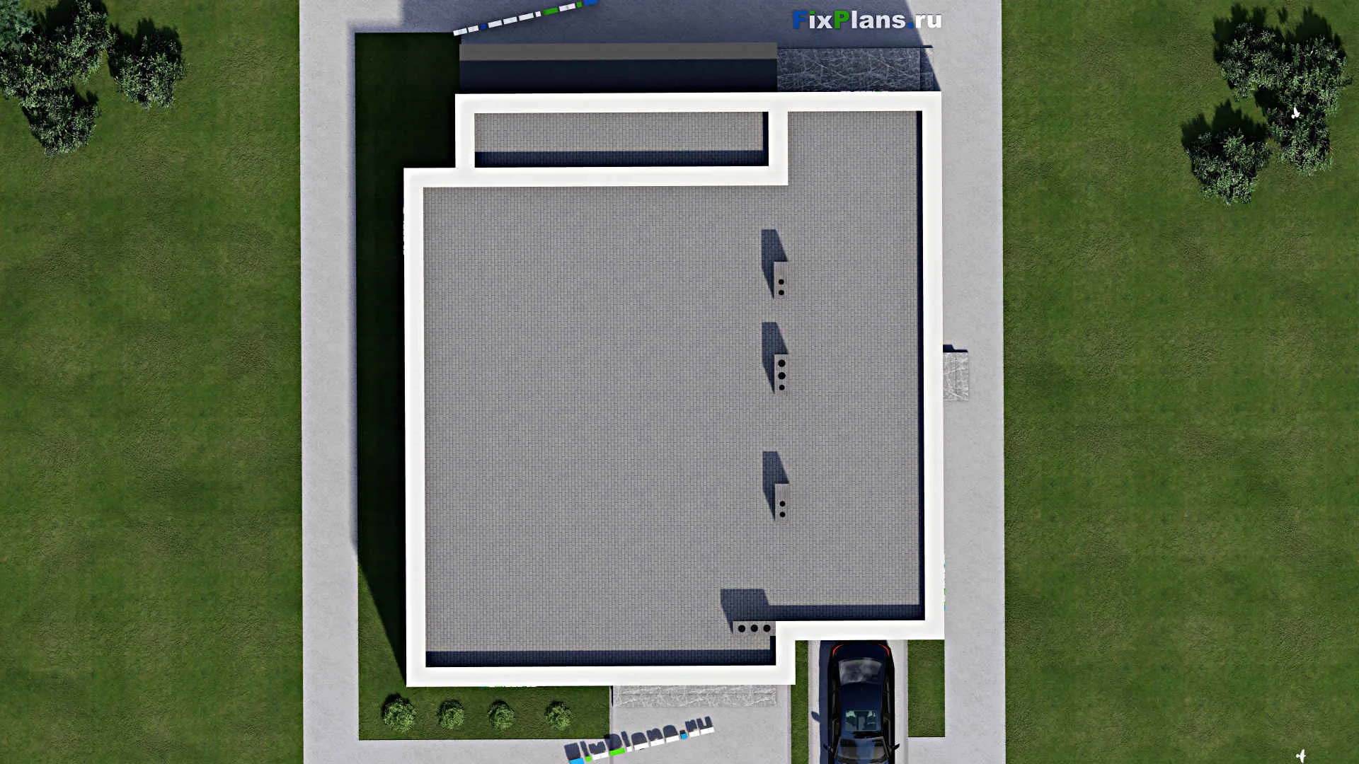 F-2888 - Проект одноэтажного дома 15 на 18, площадью 200 м² с террасой, гаражом на 1 машину и 3 спальнями