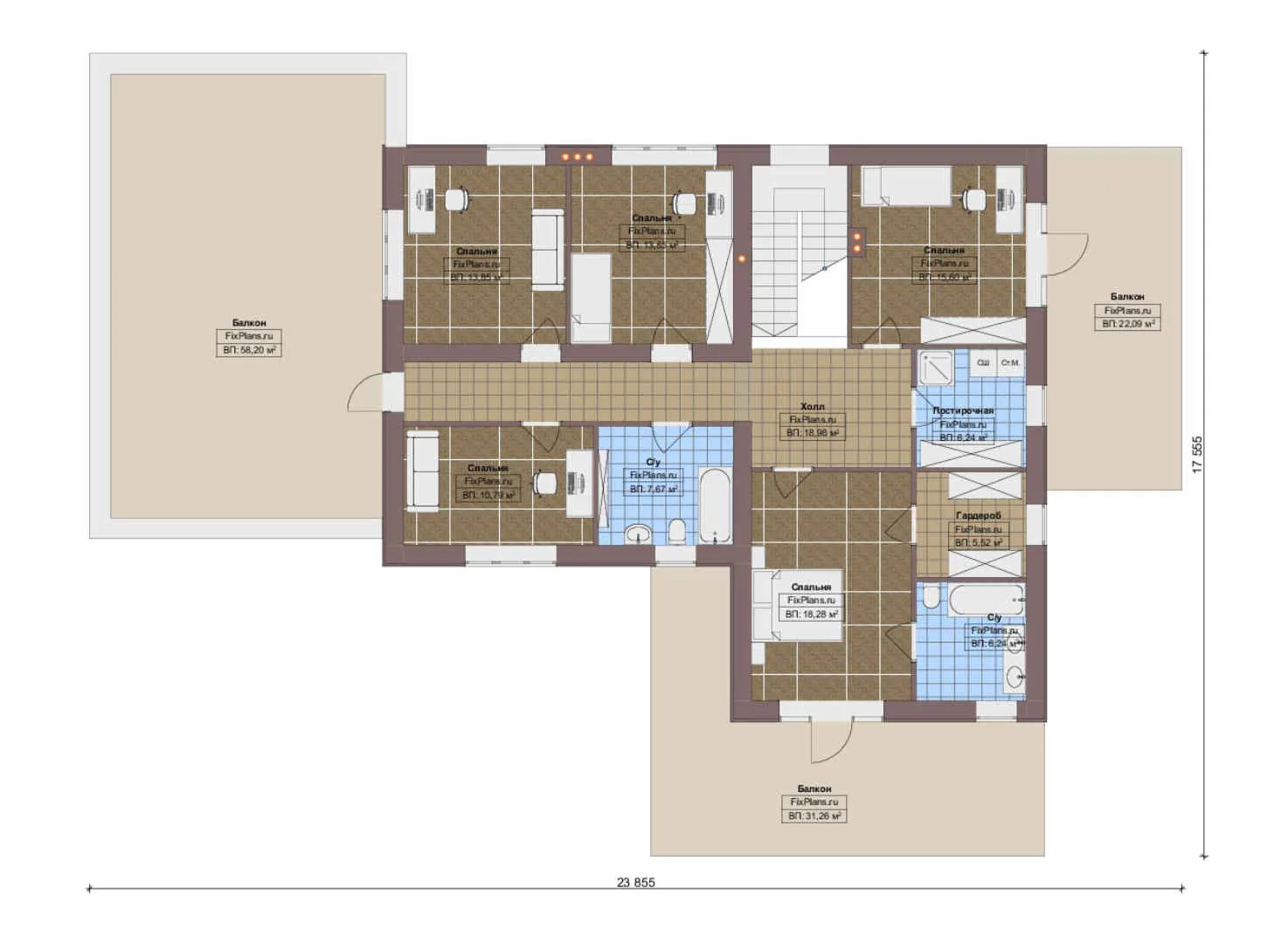 F-15254 - Планы двухэтажного дома 18 на 24, площадью 490 м² с террасой, балконом, гаражом на 2 машины и 6 спальнями