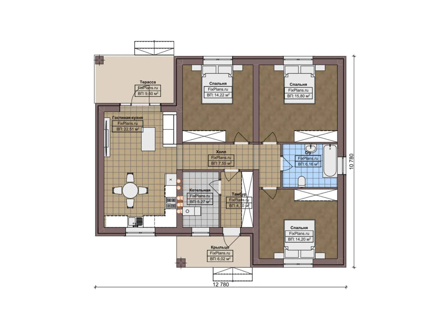 F-6470 - План одноэтажного дома 11 на 13, площадью 110 м² с террасой и 3 спальнями