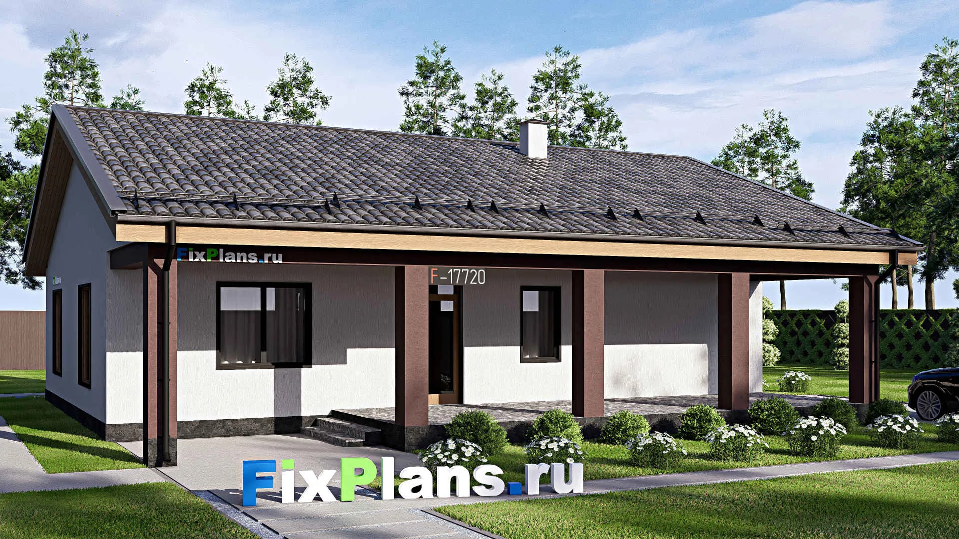 F-17720 - Проект одноэтажного дома 14 на 15, площадью 150 м² с террасой и 3 спальнями