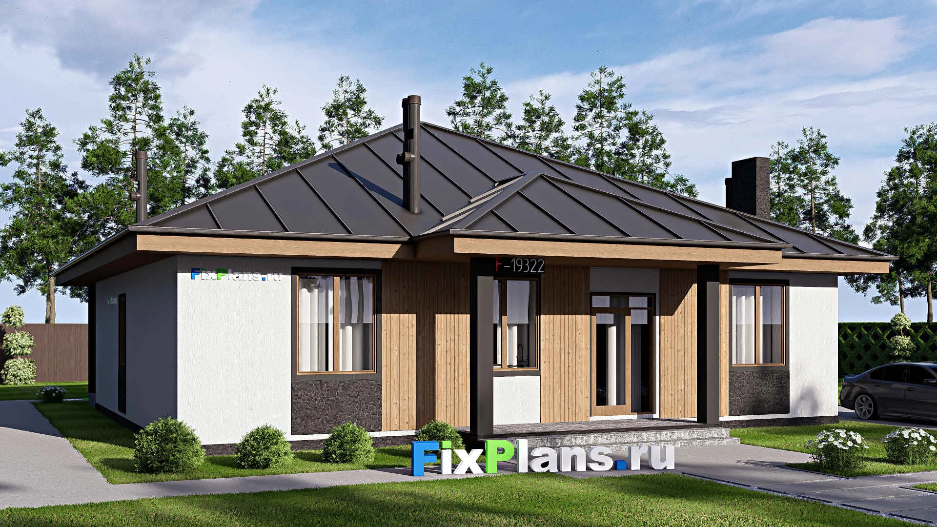 F-19322 - Проект одноэтажного дома 15 на 16, площадью 180 м² с террасой и 2 спальнями