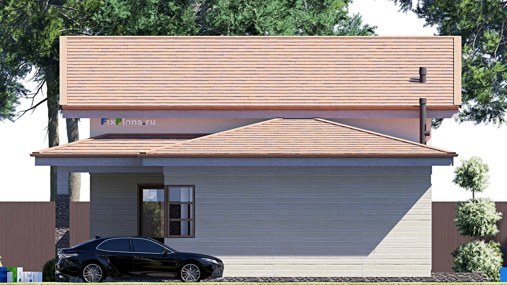 F-20312 - Проект одноэтажного дома 12 на 15, площадью 90 м² с террасой и 1 спальнями