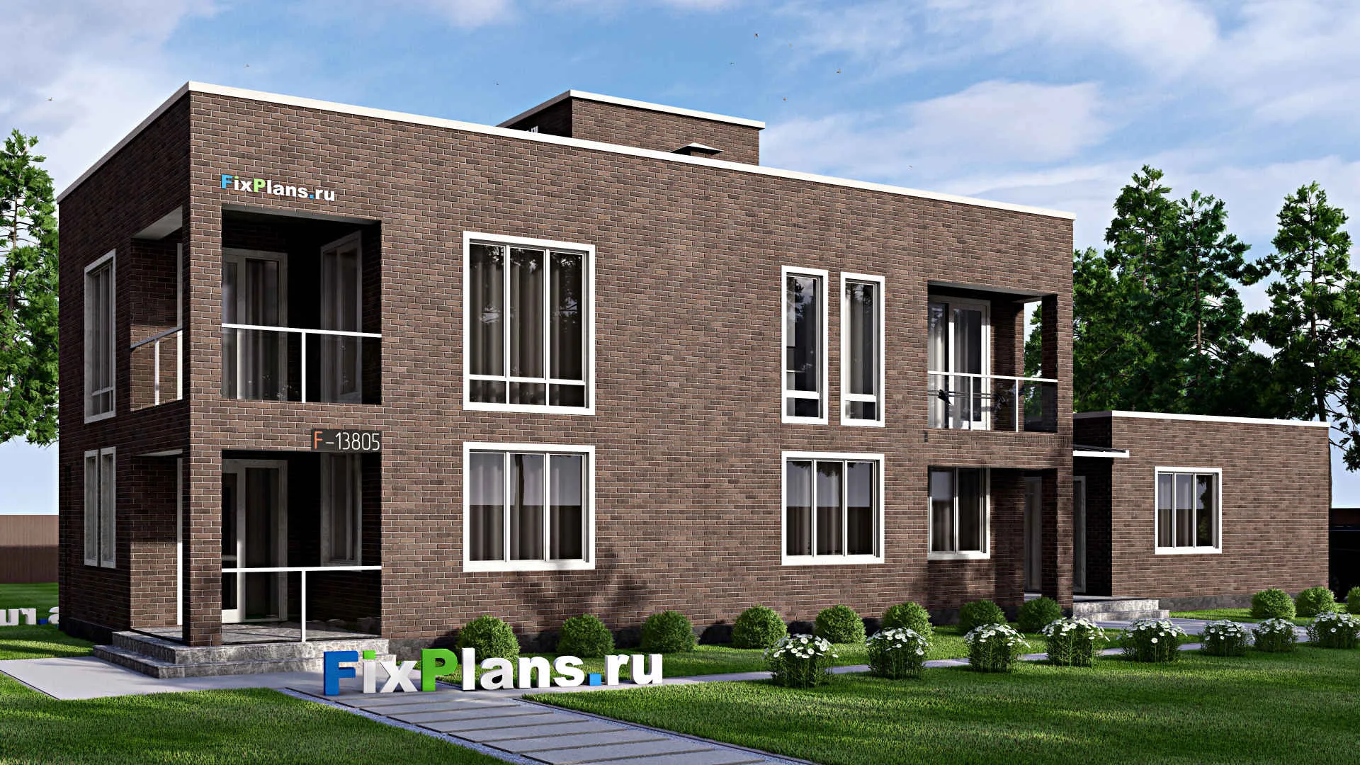 F-13805 - Проект двухэтажного дома 9 на 27, площадью 260 м² с террасой, балконом, баней и 4 спальнями