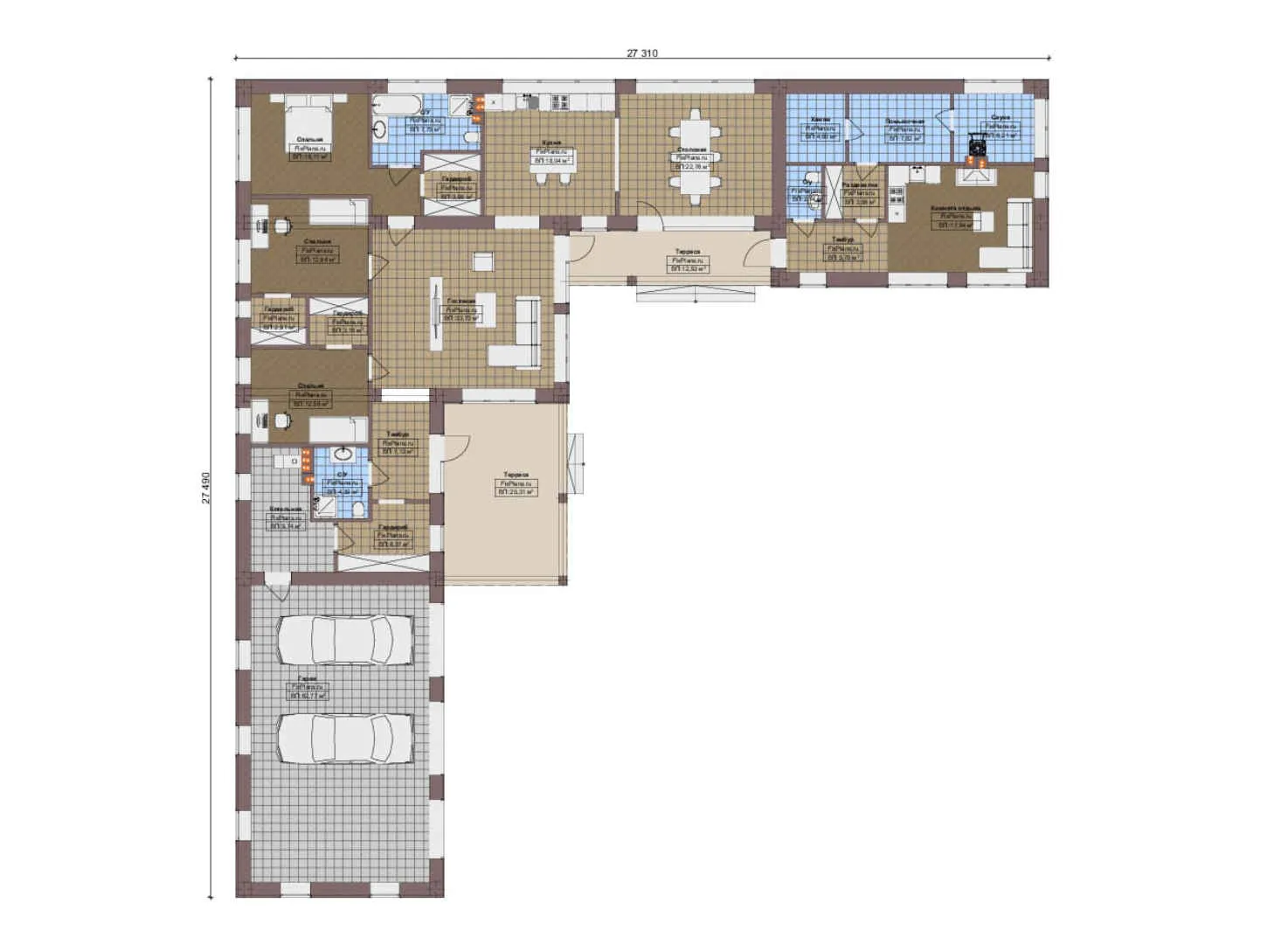 F-18908 - План одноэтажного дома 28 на 28, площадью 310 м² с террасой, баней, гаражом на 2 машины и 3 спальнями