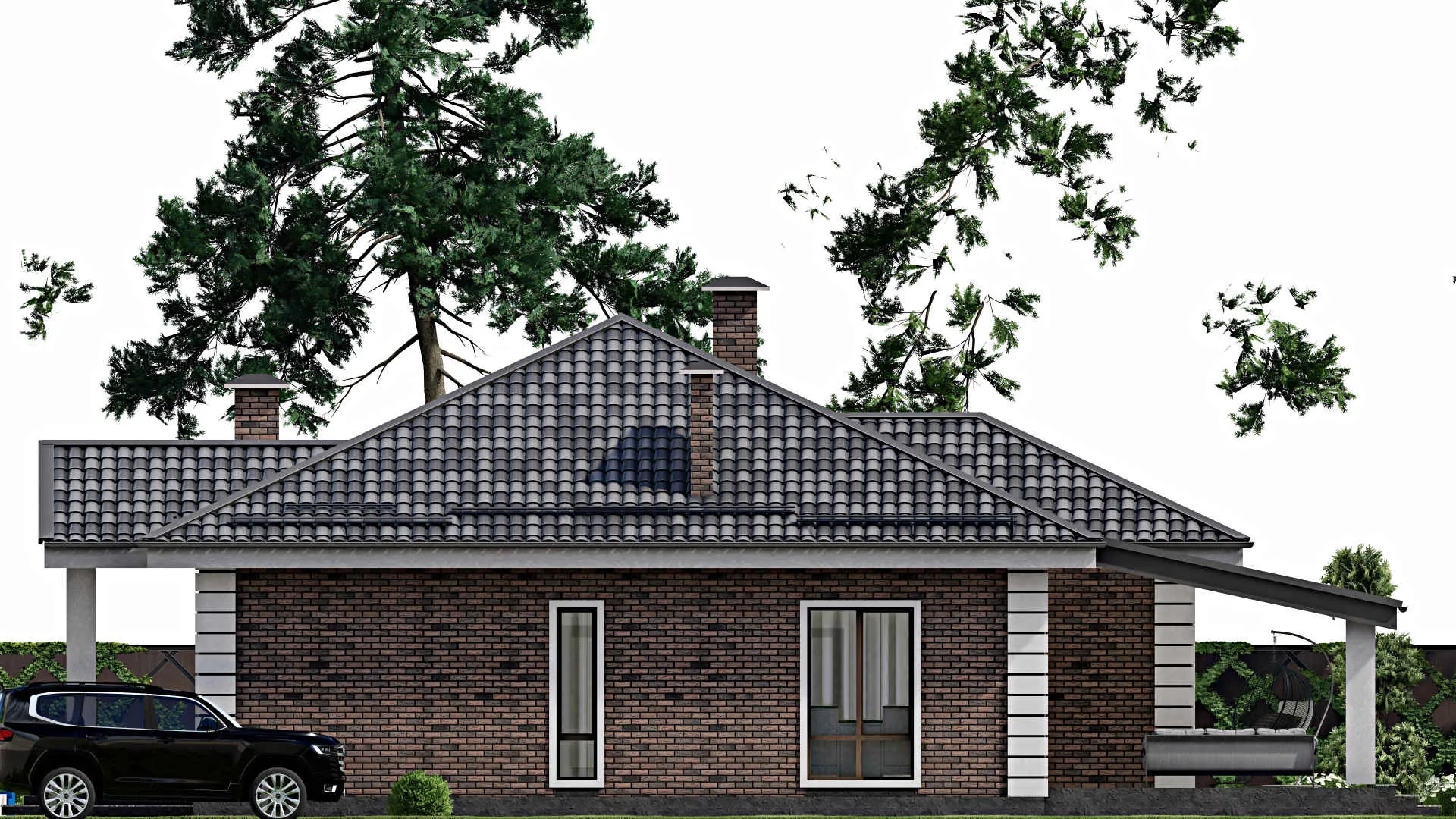 F-9971 - Проект одноэтажного дома 16 на 18, площадью 200 м² с террасой и 4 спальнями