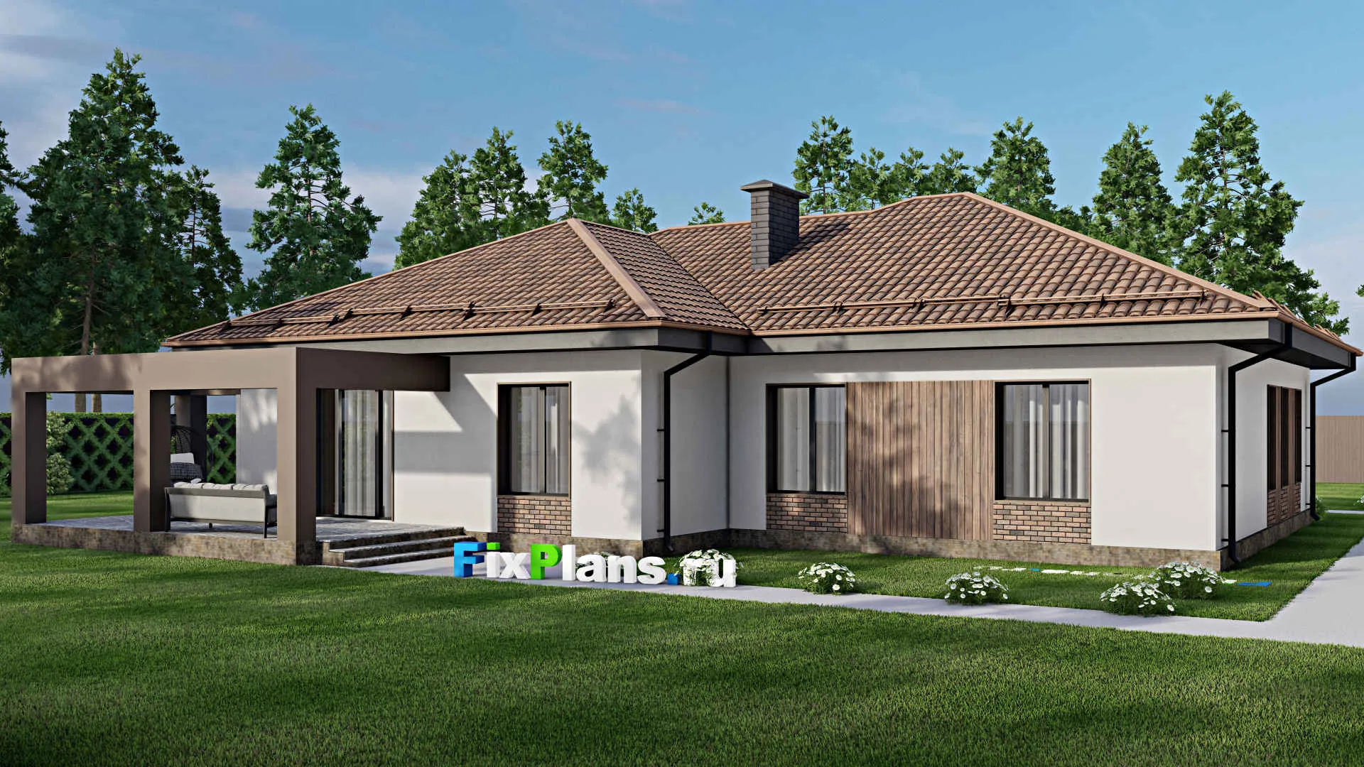 F-9026 - Проект одноэтажного дома 19 на 24, площадью 240 м² с террасой, гаражом на 2 машины и 3 спальнями