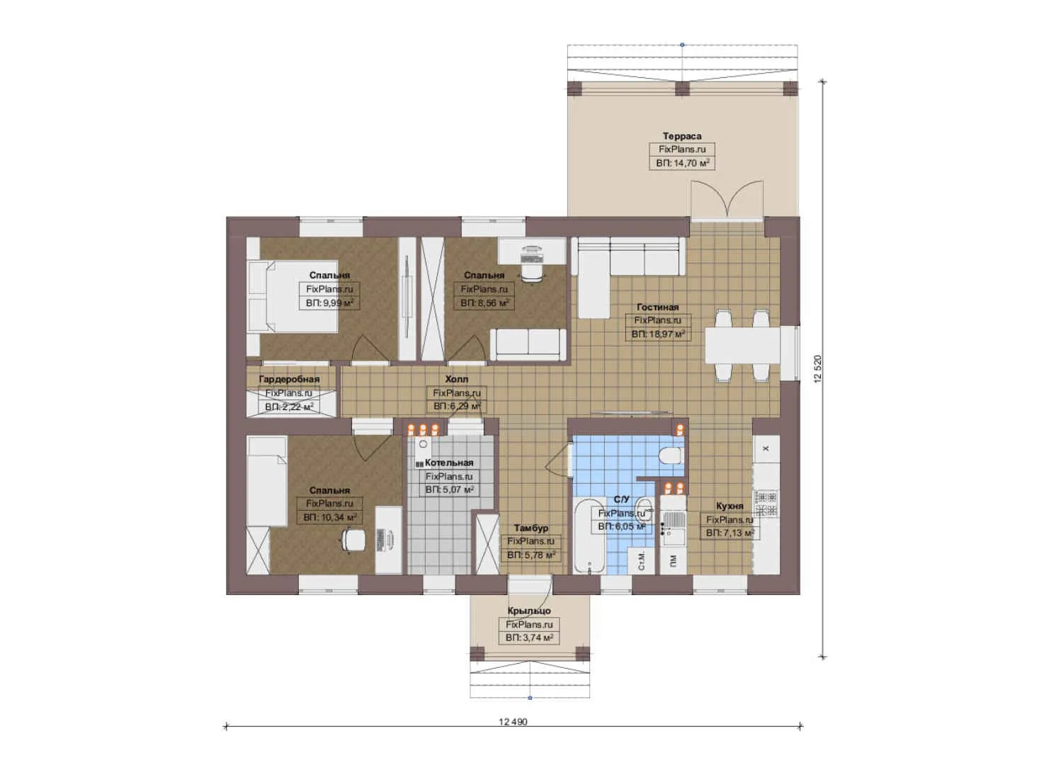 F-18566 - План одноэтажного дома 13 на 13, площадью 100 м² с террасой и 3 спальнями