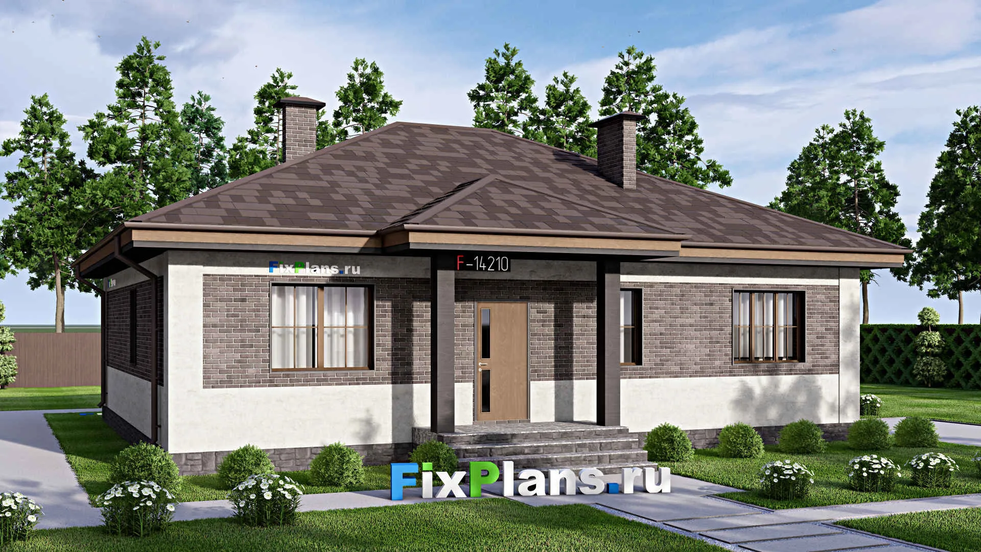 F-14210 - Проект одноэтажного дома 14 на 16, площадью 150 м² с террасой и 3 спальнями