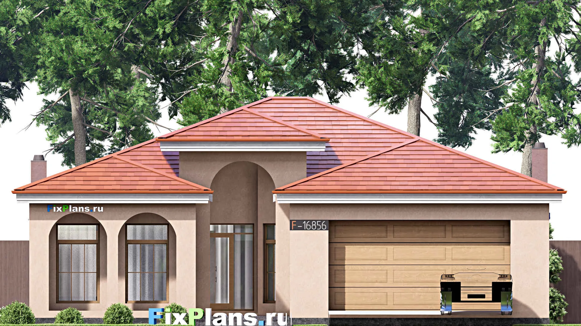 F-16856 - Проект одноэтажного дома 15 на 24, площадью 240 м² с террасой, гаражом на 2 машины и 4 спальнями