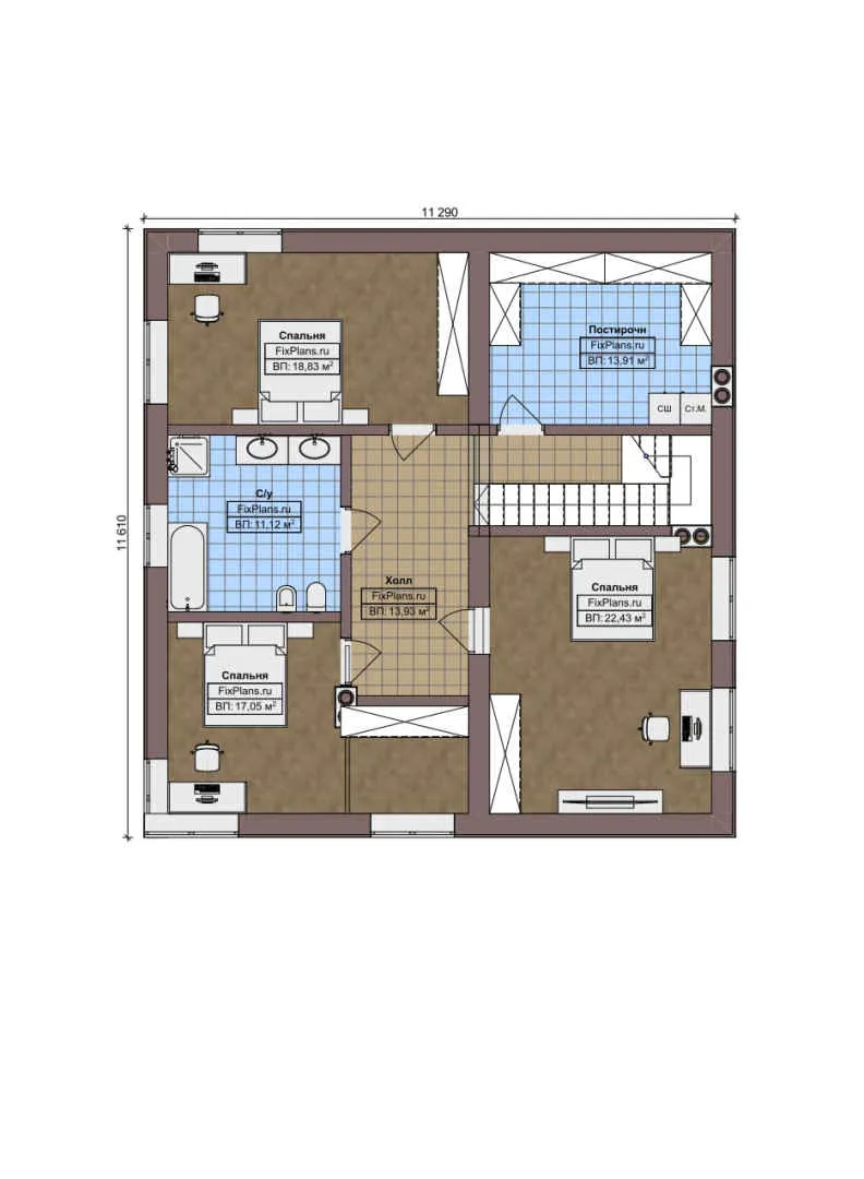 F-7964 - Планы двухэтажного дома 12 на 17, площадью 230 м² с террасой, баней и 4 спальнями