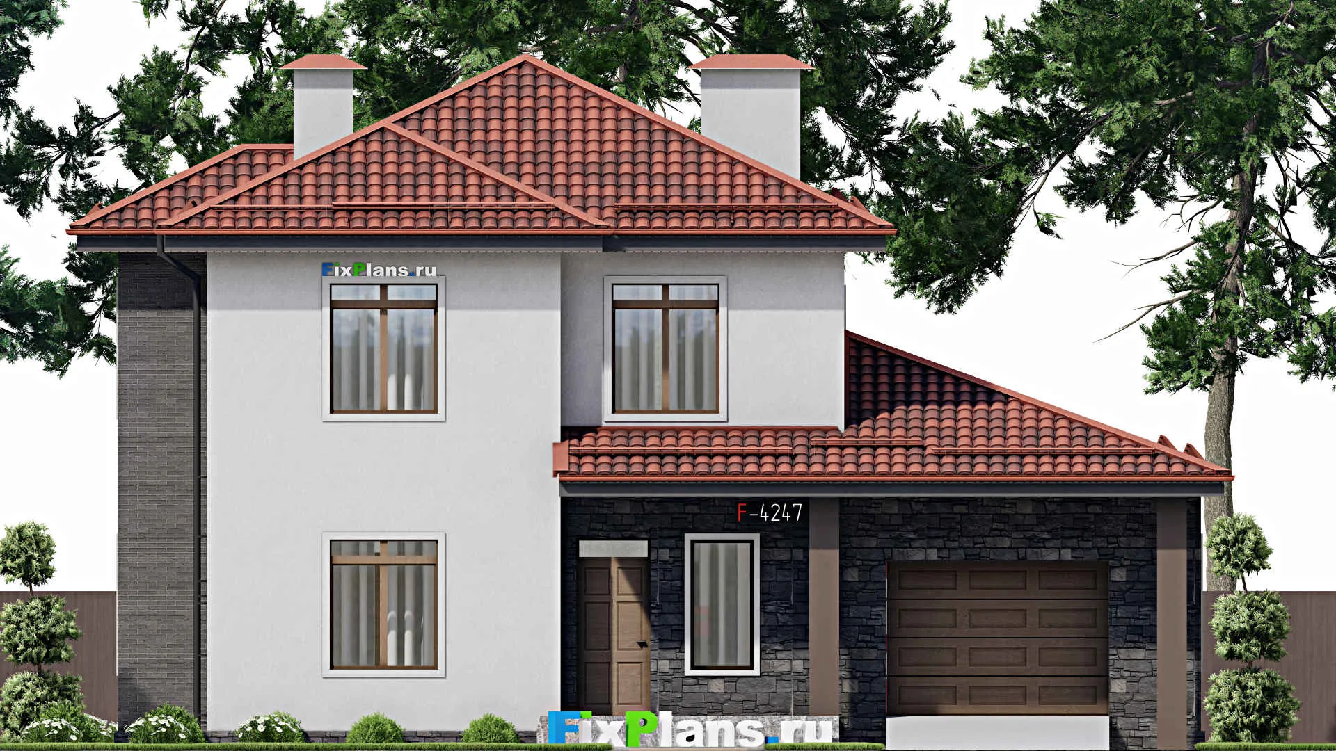 F-4247 - Проект двухэтажного дома 15 на 16, площадью 200 м² с террасой, гаражом на 1 машину и 4 спальнями