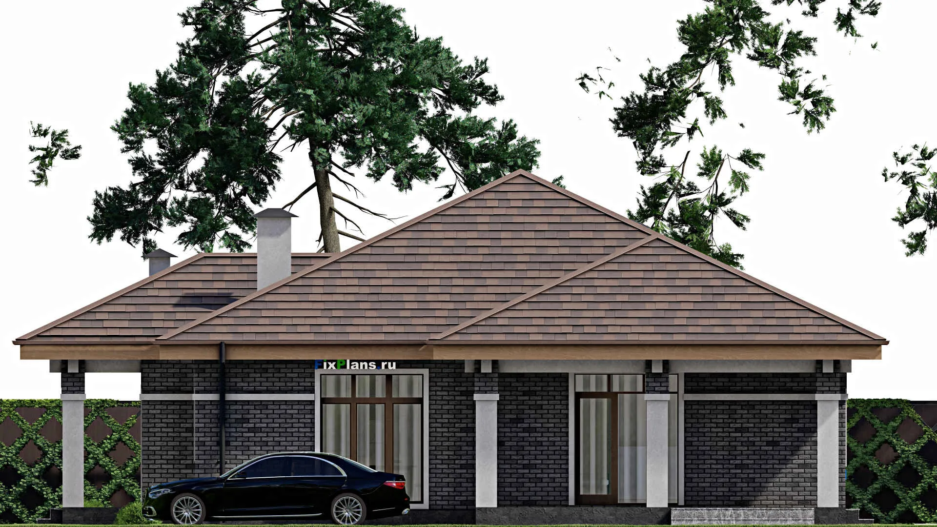 F-9350 - Проект одноэтажного дома 15 на 16, площадью 160 м² с террасой и 3 спальнями