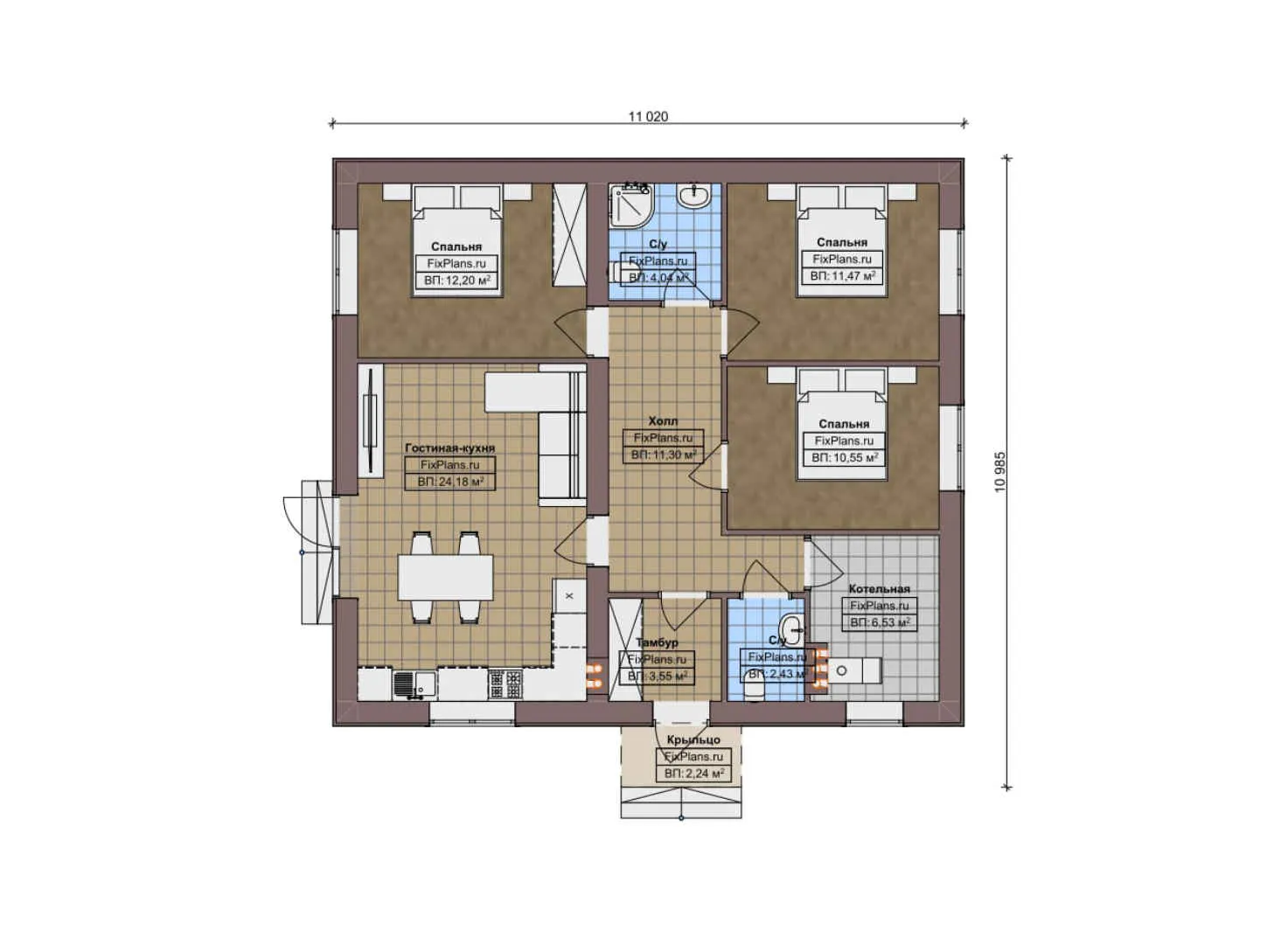 F-12266 - План одноэтажного дома 11 на 12, площадью 90 м² с 3 спальнями