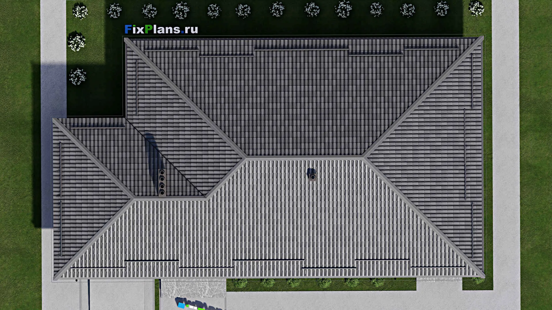 F-8630 - Проект одноэтажного дома 12 на 23, площадью 220 м² с террасой, гаражом на 1 машину и 3 спальнями