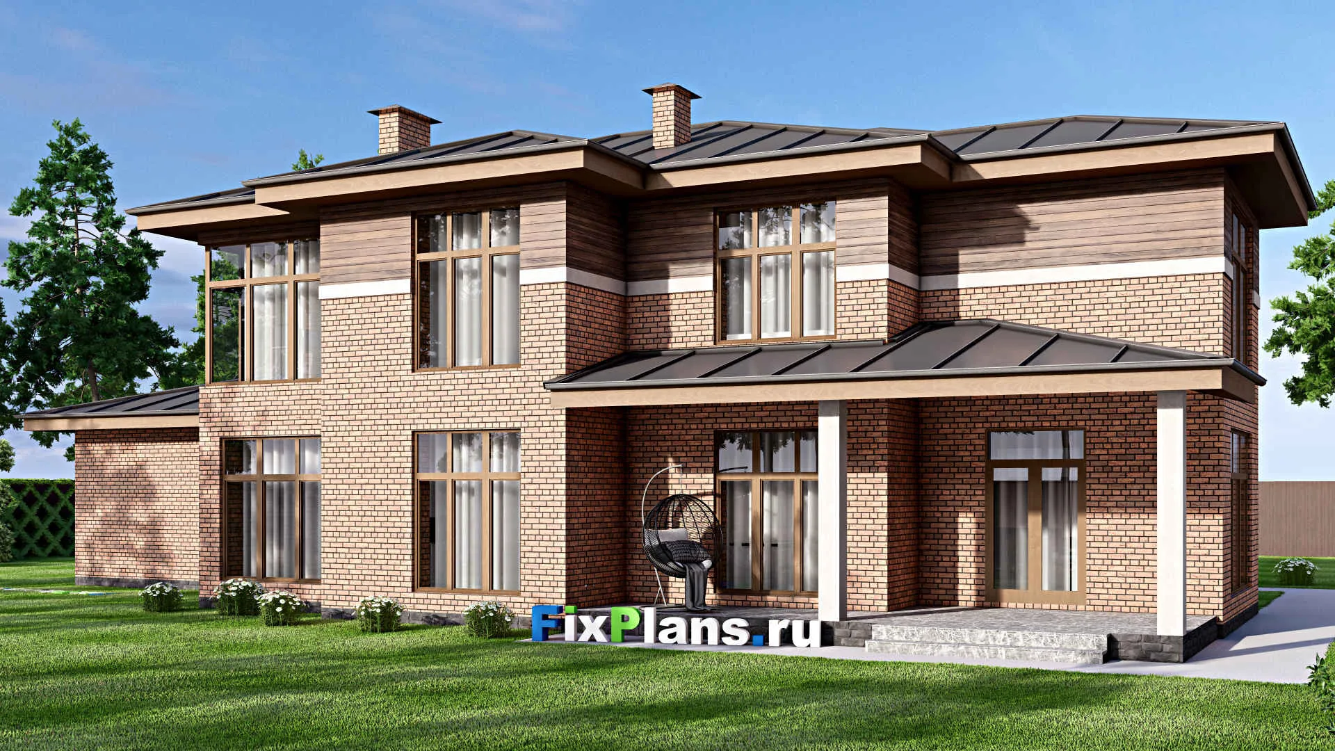 F-16991 - Проект двухэтажного дома 13 на 24, площадью 300 м² с террасой, гаражом на 2 машины и 3 спальнями