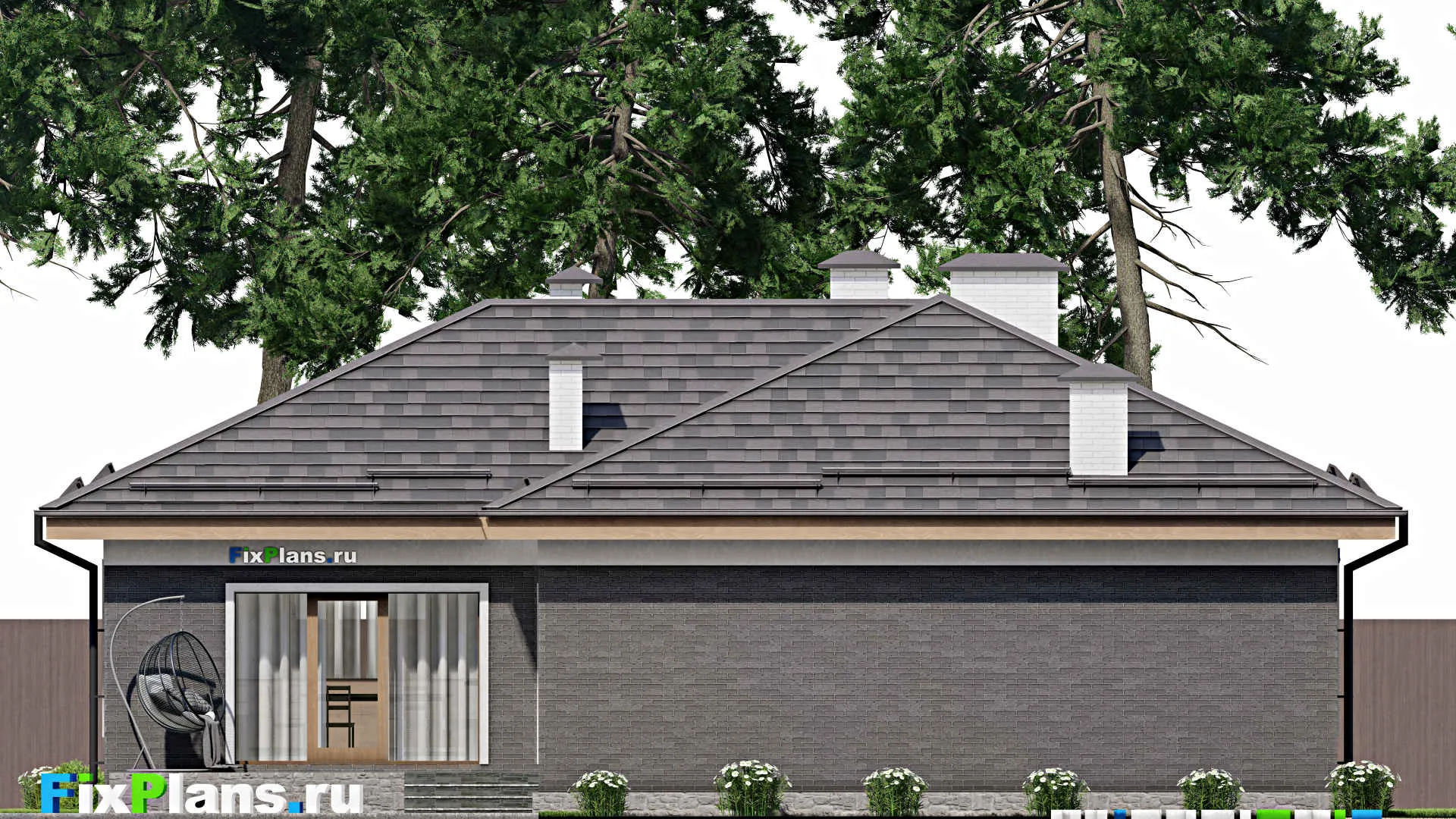 F-10214 - План одноэтажного дома 15 на 20, площадью 200 м² с террасой, гаражом на 2 машины и 3 спальнями