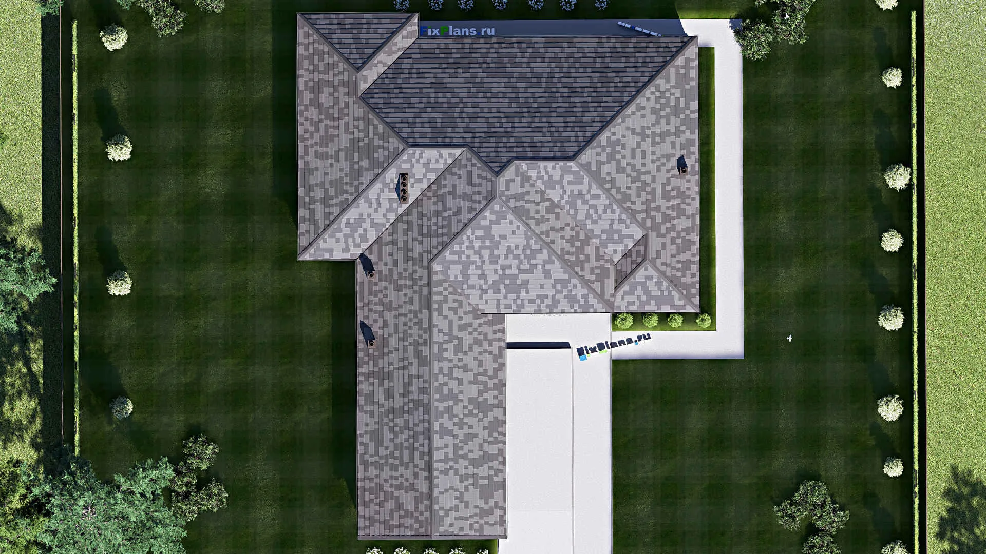 F-17207 - Проект одноэтажного дома 21 на 28, площадью 300 м² с террасой, гаражом на 2 машины и 3 спальнями