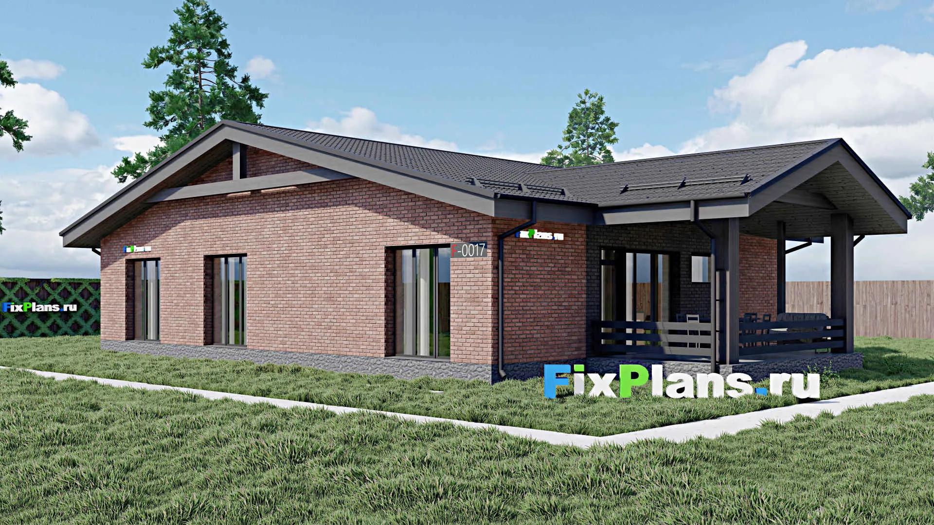 F-0017 - Проект одноэтажного дома 12 на 20, площадью 180 м² с террасой и 4 спальнями