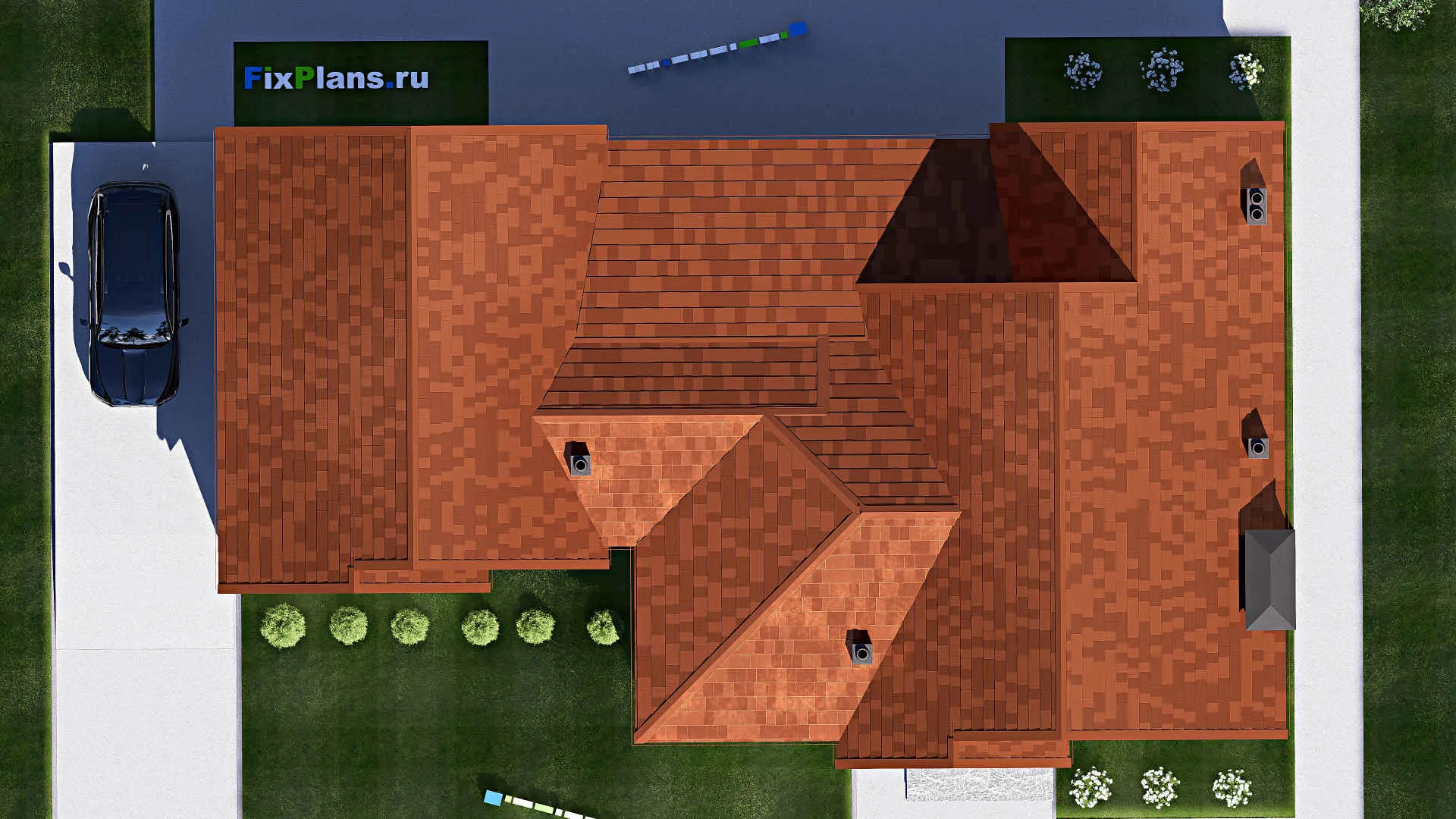 F-17288 - Проект дома с мансардой 15 на 23, площадью 260 м² с террасой, гаражом на 2 машины и 3 спальнями