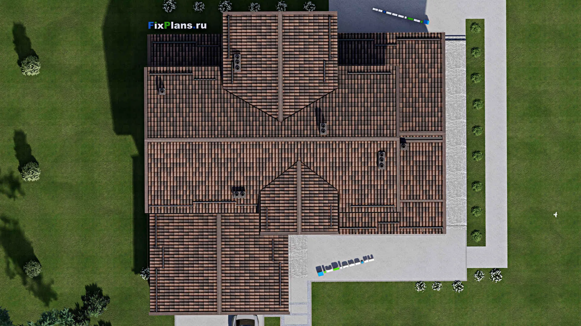 F-3932 - Проект дома с мансардой 20 на 20, площадью 390 м² с террасой, гаражом на 2 машины и 3 спальнями