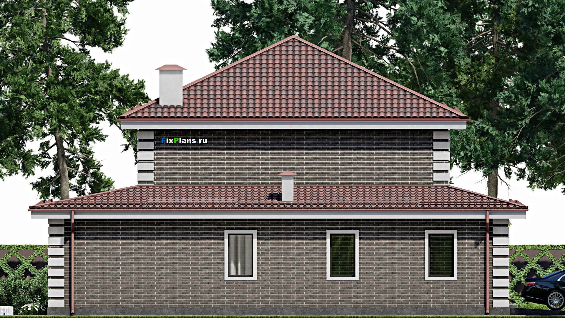 F-6803 - Проект двухэтажного дома 15 на 16, площадью 250 м² с террасой, гаражом на 1 машину и 4 спальнями