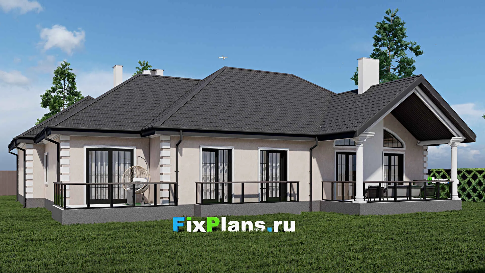 F-0179 - Проект одноэтажного дома 18 на 21, площадью 280 м² с террасой, гаражом на 2 машины и 1 спальнями