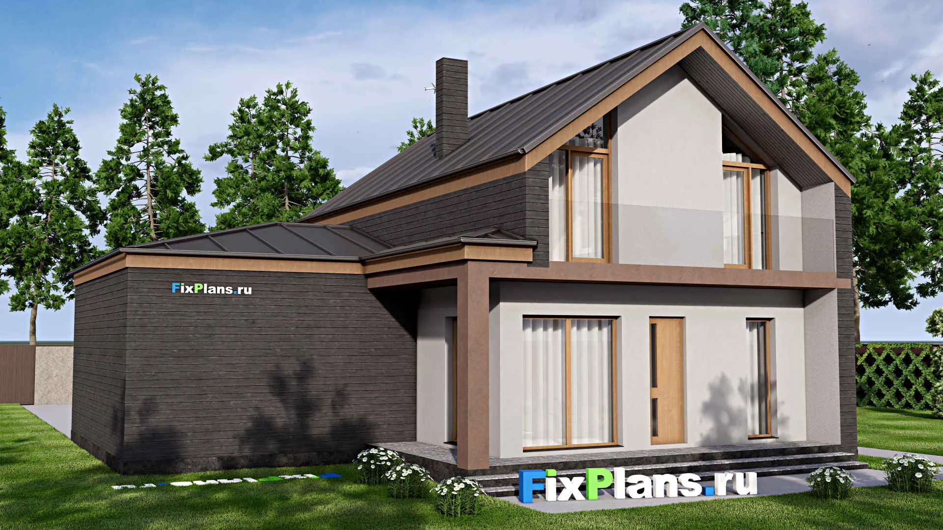 F-16208 - Планы дома с мансардой 13 на 14, площадью 180 м² с балконом, гаражом на 1 машину и 3 спальнями